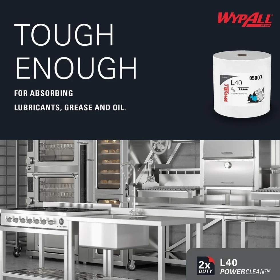 WypAll L40 Power Clean Paños Industriales 7452, Resistencia y Absorción Superior, Ideal para Limpieza Industrial y Mantenimiento, Compatible con Dispensadores Kimberly-Clark, 1 Rollo de 750 Paños