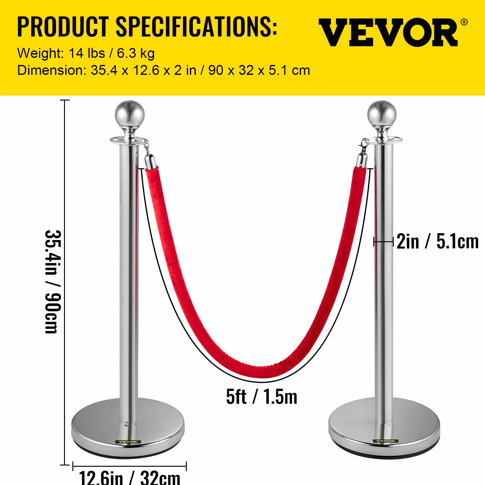 VEVOR Postes Separadores 8 piezas Altura 90 cm Platas Postes Separadores con Cuerda de Terciopelo de 1,5 m Roja Conexión de 4 Vías Diámetro de Base 32 cm Postes de Barrera de Control de Multitudes