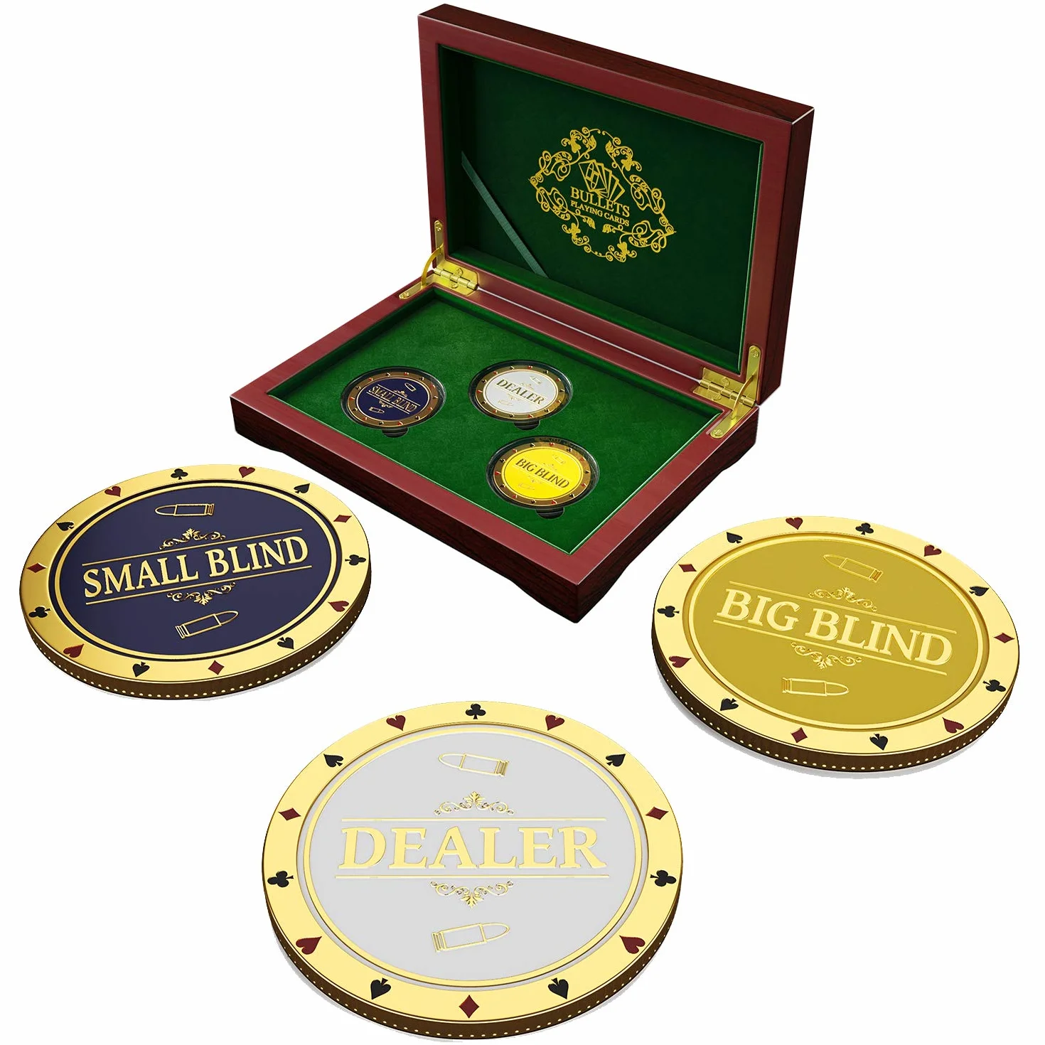 Bullets Playing Cards Golden Poker Dealer Botón de Metal