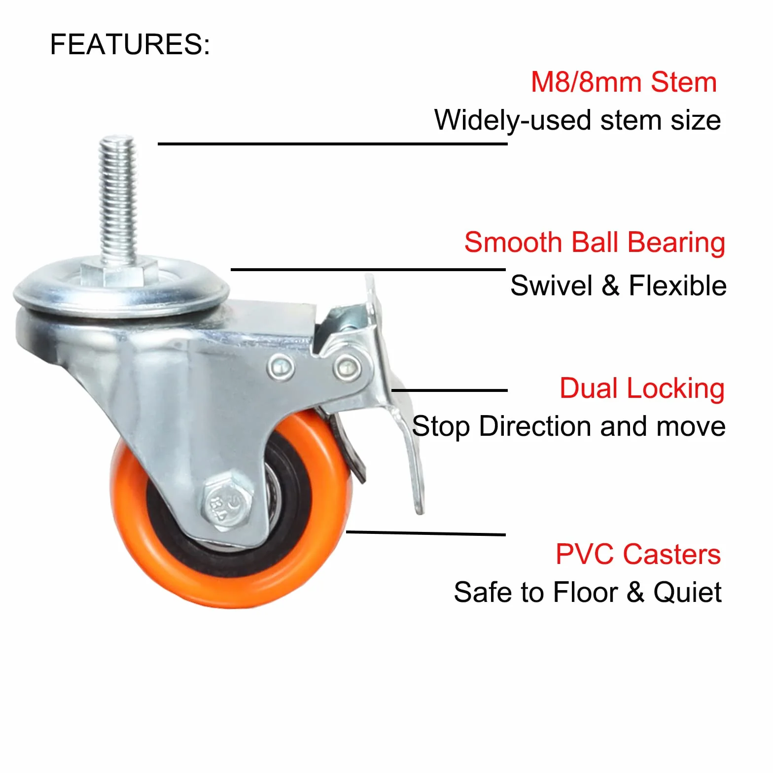 Stem Caster Wheels Heavy Duty Casters PVC M8-1.25x1″ (Stem Diameter 8mm, Stem Length:1″) Casters with Brake Dual Locking for Home, Office, Industry use (2 Inch, with Brake)