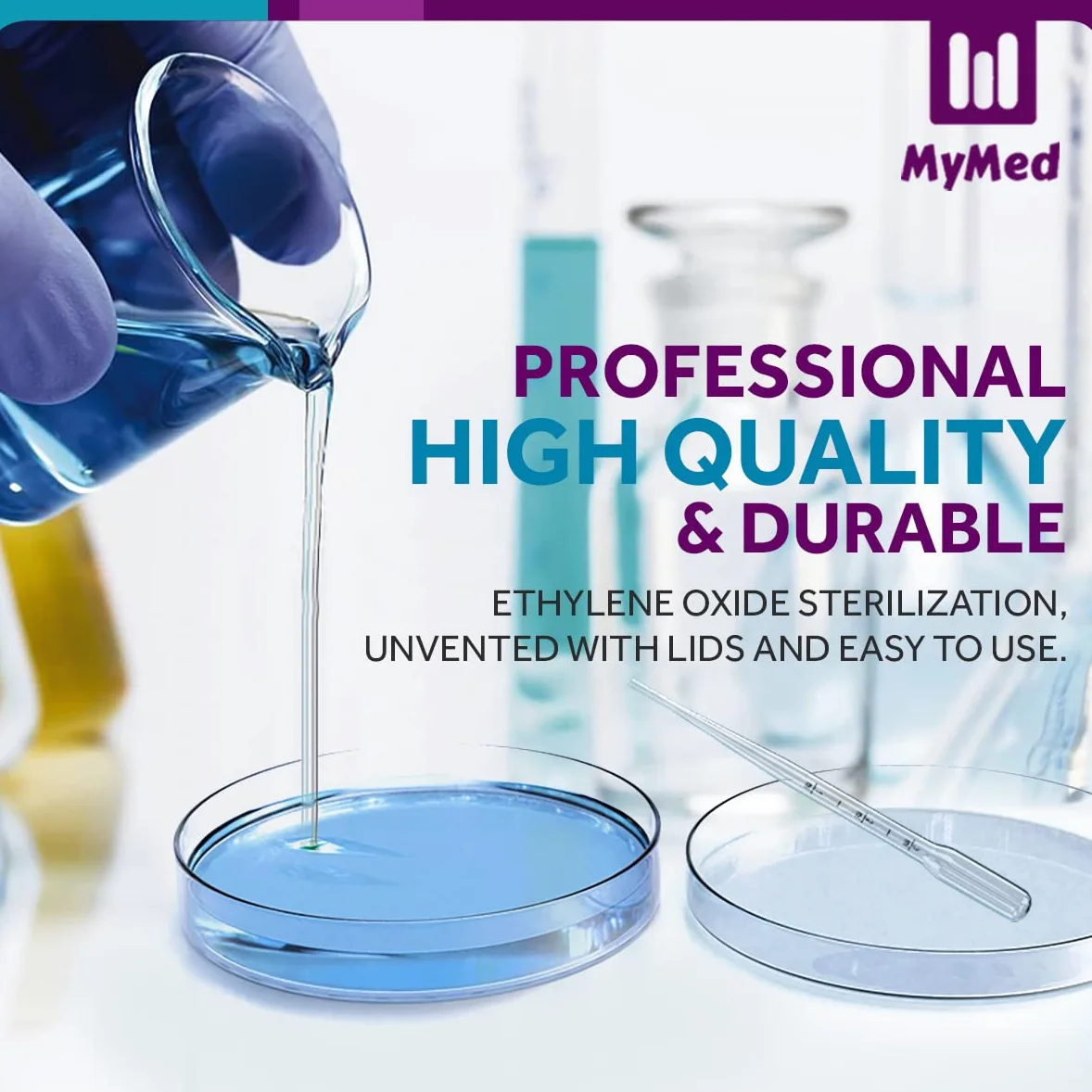MyMed 100 placas de Petri estériles irrompibles con tapa (90 x 15 mm), pipetas de plástico de 2 ml para análisis de laboratorio, proyectos escolares, muestras de sangre, bacterias, plantas y cultivo
