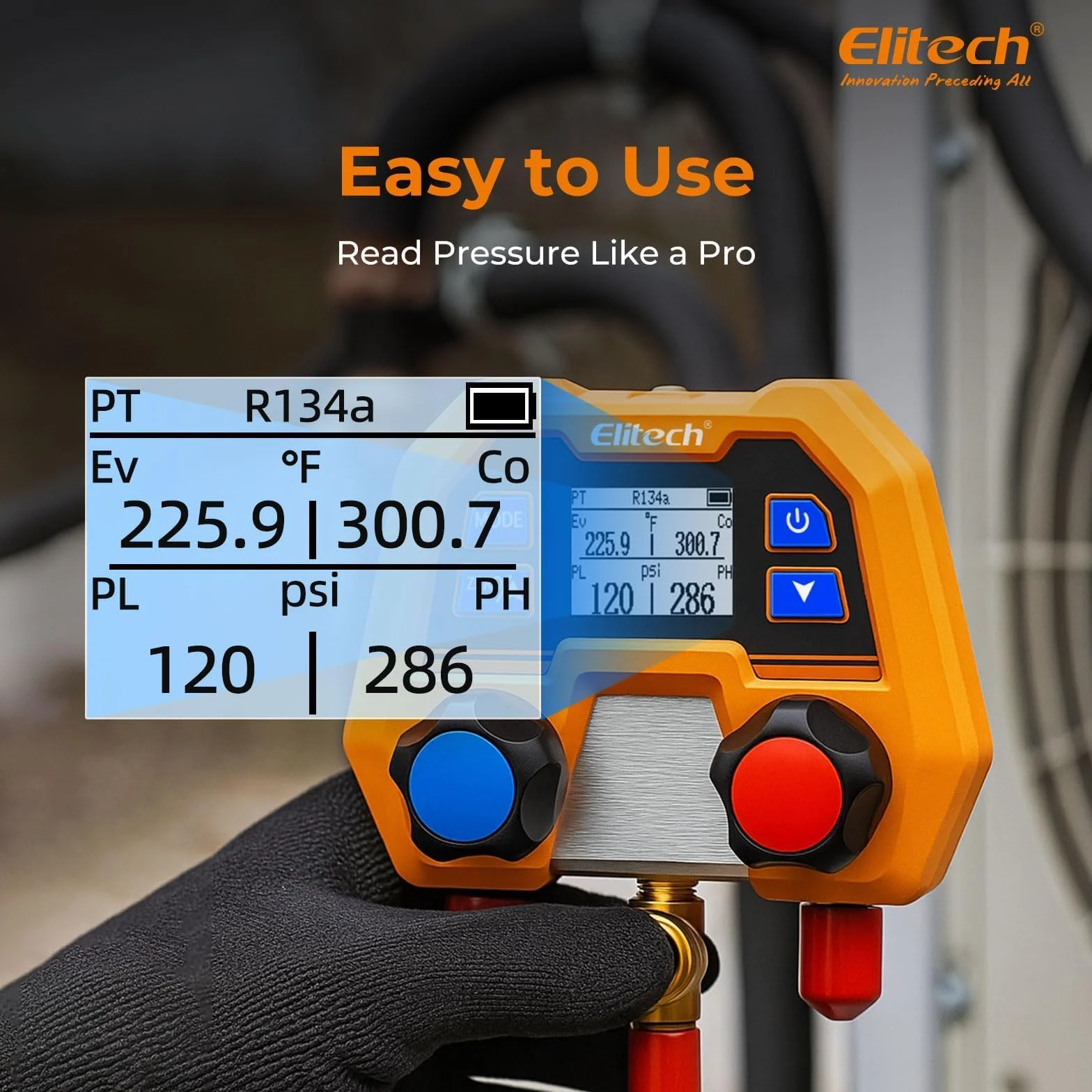 Elitech Manifold - Medidor de refrigerante 600 psi/41 bar ± 1% de precisión, 88 tipos de refrigerantes y medición de presión/temperatura, protección IP54 para sistemas de aire acondicionado