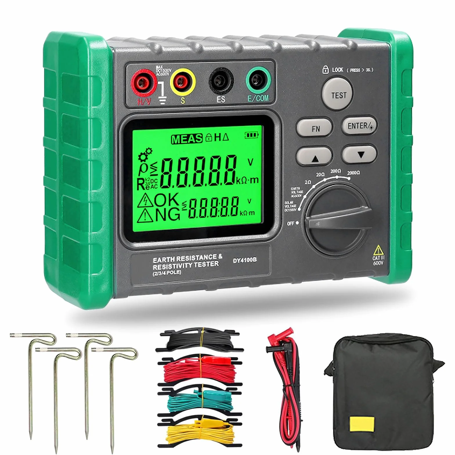 Probador de Resistencia de Aislamiento y Megóhmetro Digital, 0-2000 Ω/ohm Voltaje de Tierra AC 0-600 V, Voltaje Fotovoltaico DC 0-1500 V