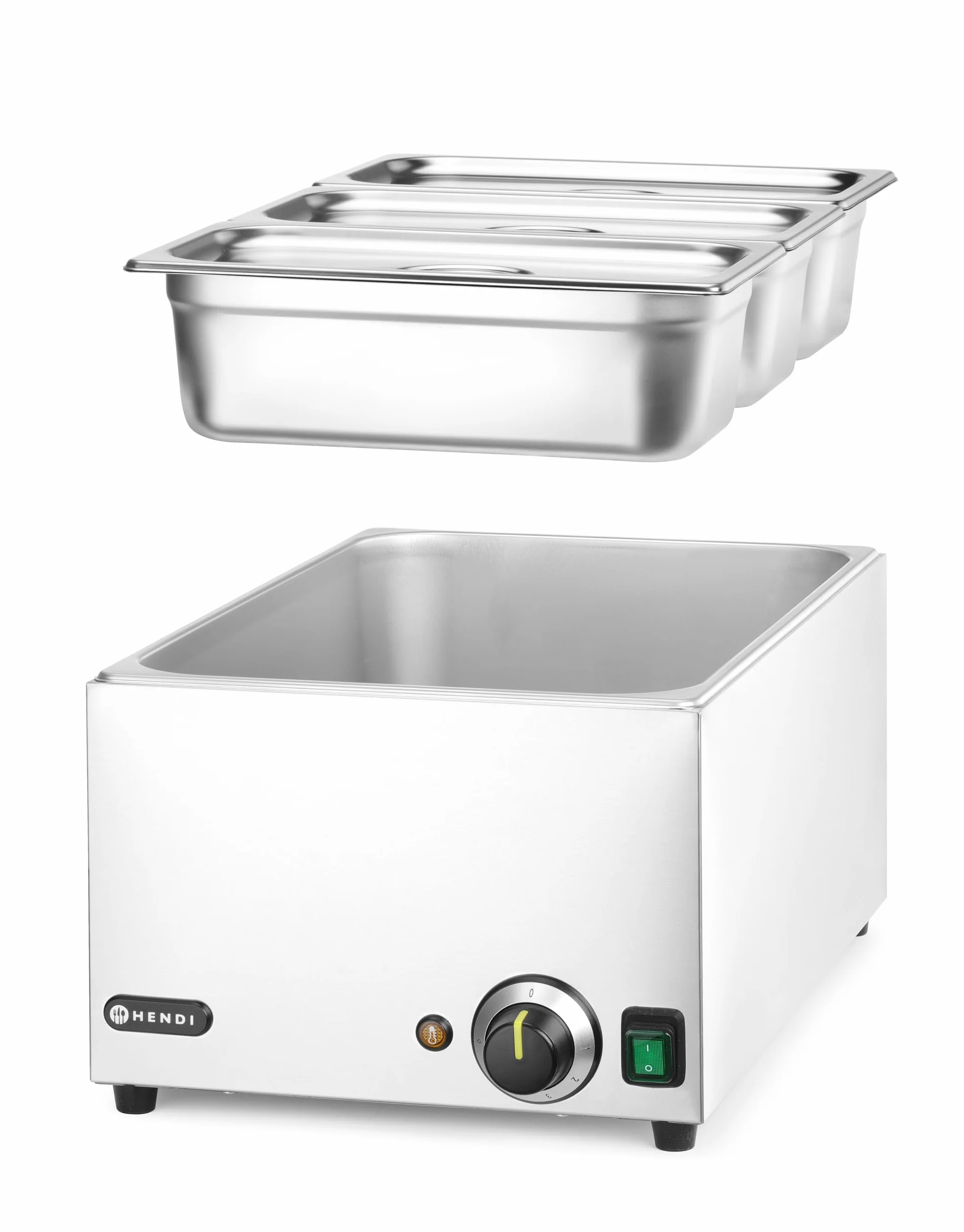 HENDI Baño María eléctrico, sistema de calentamiento al baño María, temperatura regulable 30 °C a 85 °C, incluye 3 x GN1/3 con tapa, 19L, 230V, 1000W, 590x332x(H)242mm, acero inoxidable
