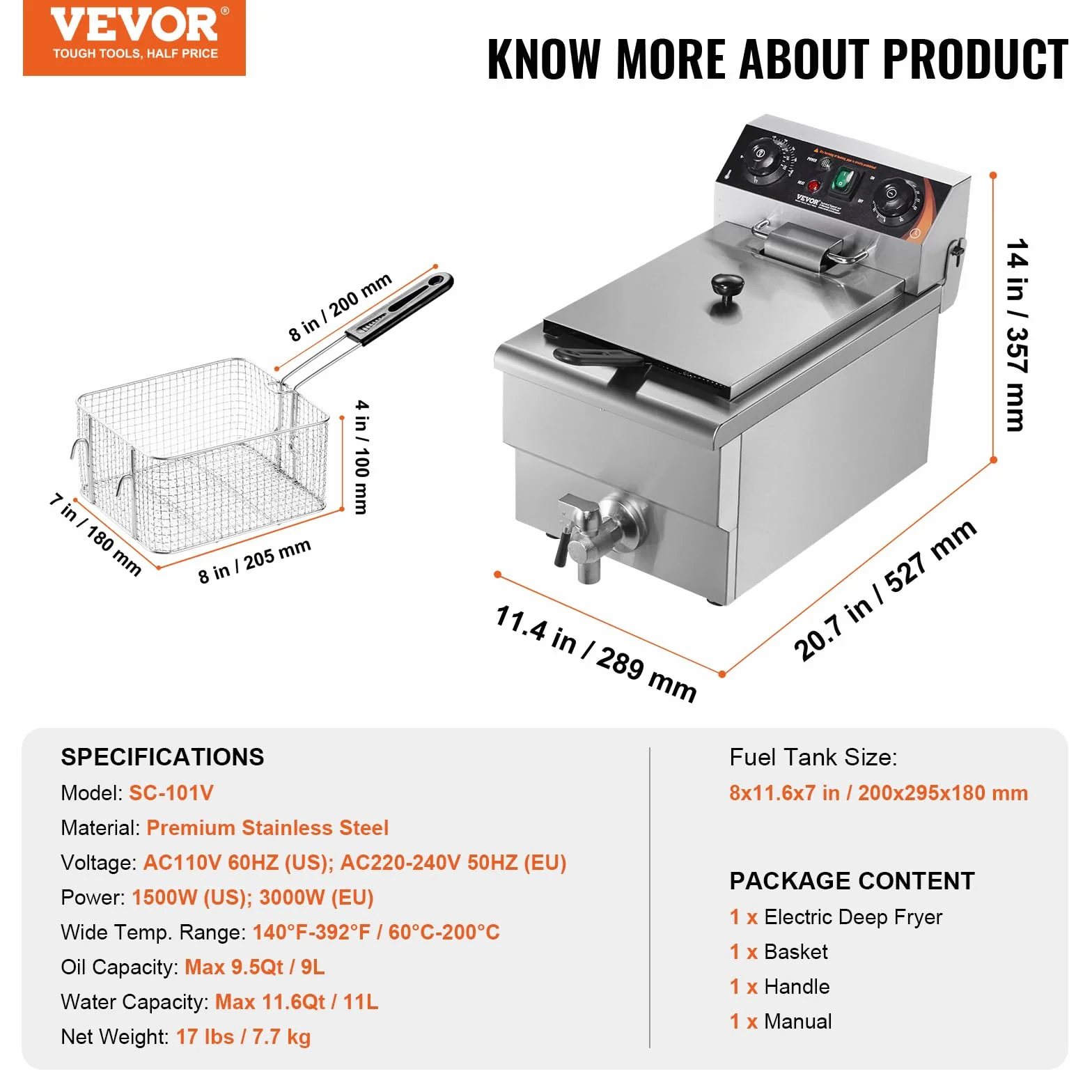 VEVOR Freidora Eléctrica 3000W con Cesto Simple de Acero 11 L 289 x 527 x 357 mm