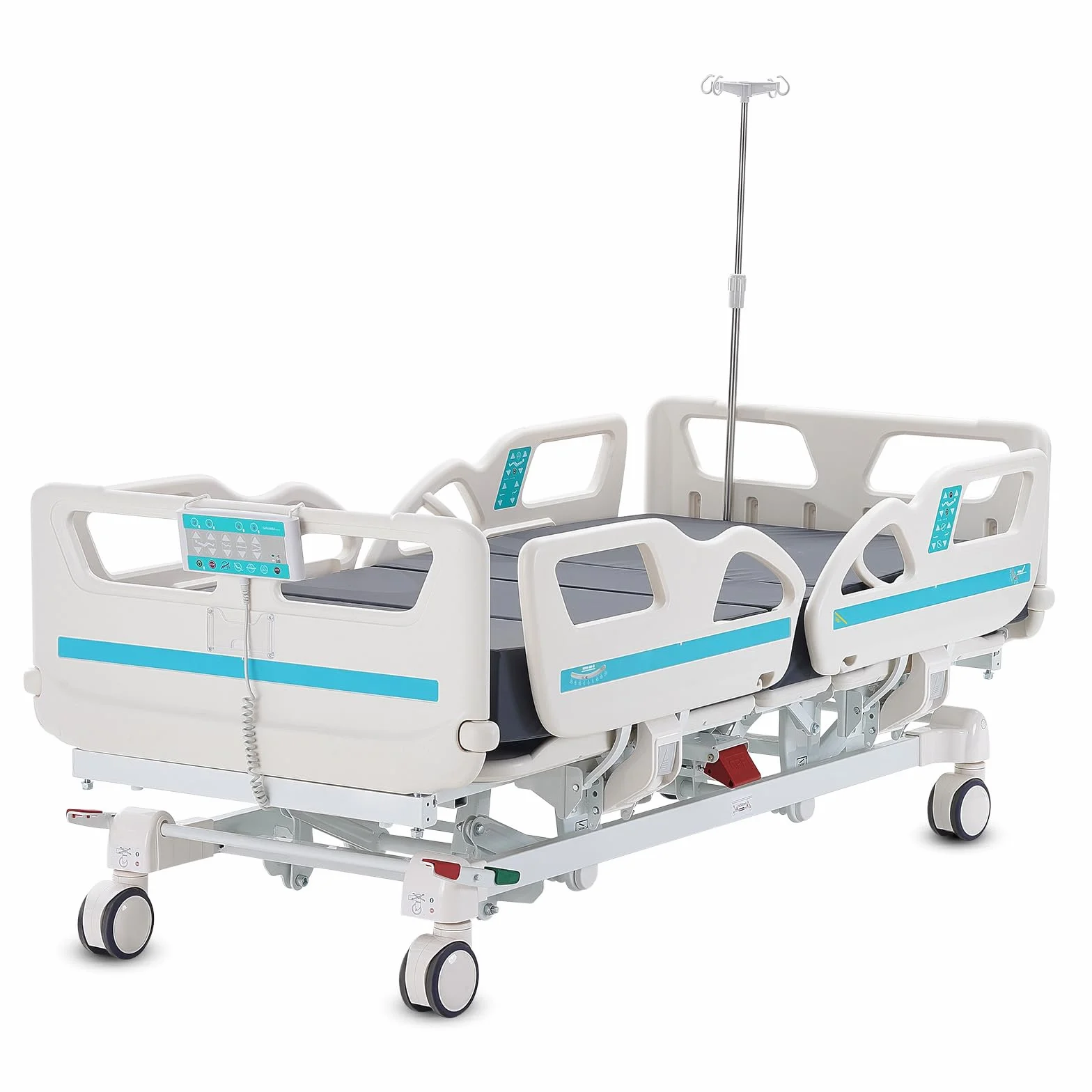 VEVOR Cama de Hospital Eléctrica de 5 Funciones de Primera Calidad para UCI con Posición de Silla Cardíaca, Trendelenburg y el Inverso, Ruedas de Bloqueo, 2085 x 1025 x 455-745 mm, Blanco y Azul