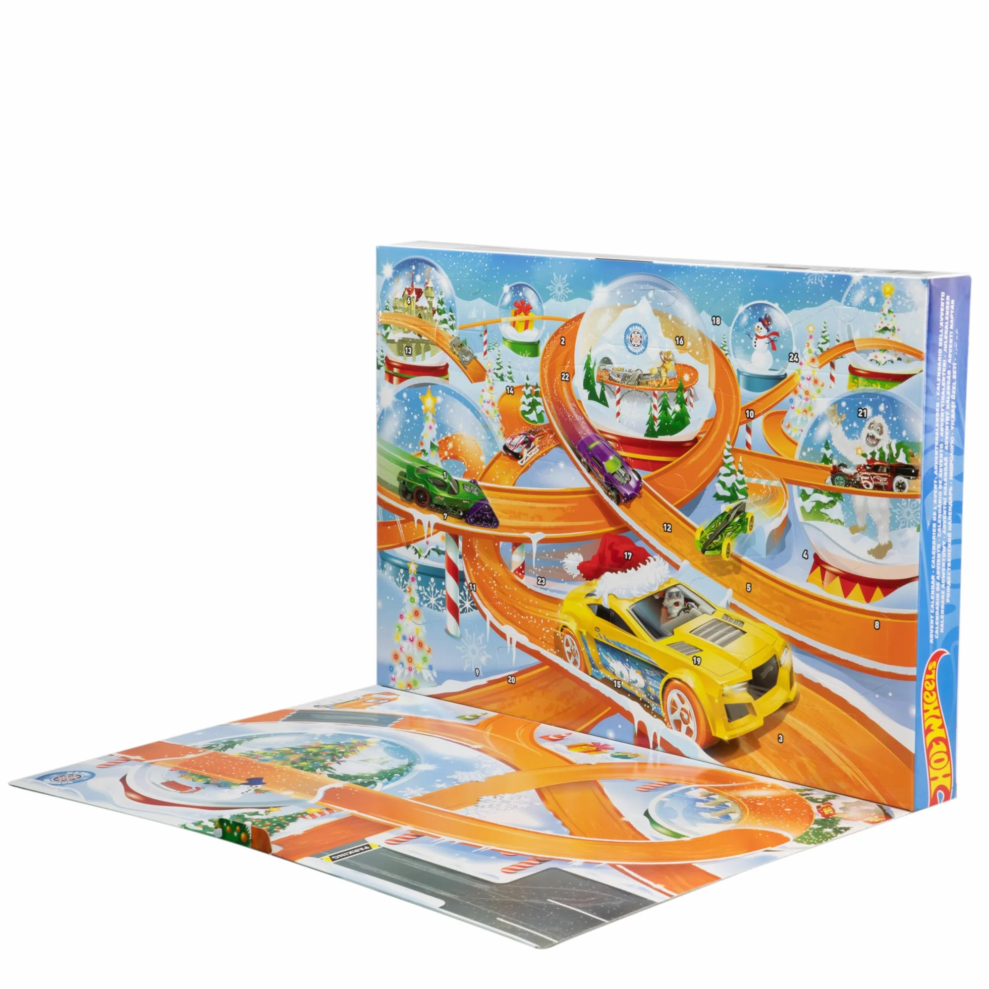 Hot Wheels Calendario de Adviento 2024, 8 coches de juguete con 16 accesorios sorpresa, alfombra de juego, regalo niños +3 años HTG00