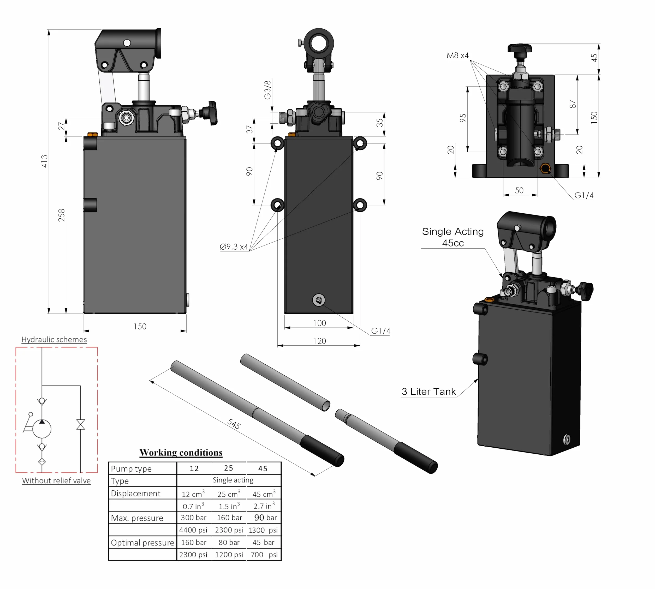 Bombas hidráulicas manuales de acción simple, 12 – 25 – 45 cc, capacidad del depósito de aceite 1 – 3 – 5 l (E.W. 45 ccm 3 l depósito)