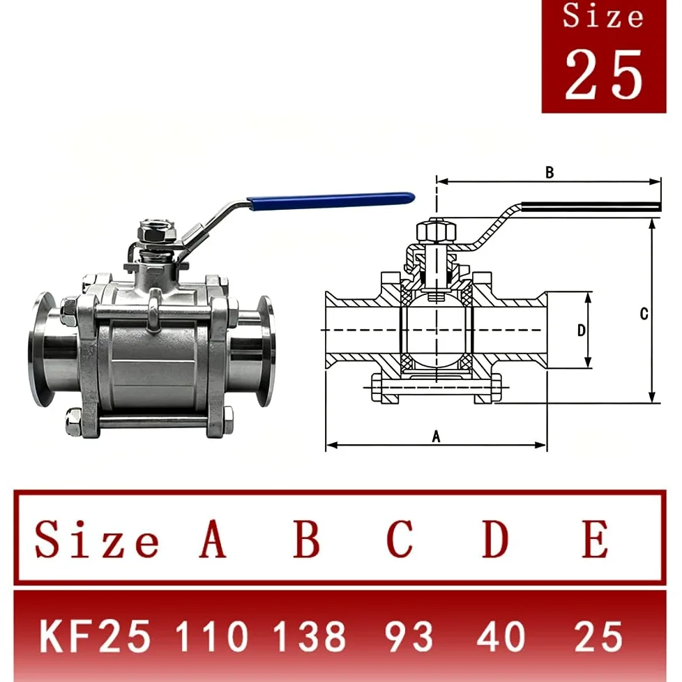 1 Válvula De Bola De Alto Vacío KF16/KF25/KF40/KF50 De 3 Piezas, Acero Inoxidable SUS304, Sello De PTFE, Válvula Manual De Brida Rápida(KF25)
