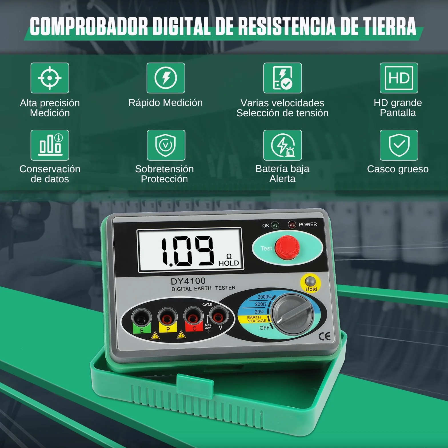 KAISAL Probador de Resistencia de Tierra Eléctrica 0~2000Ω Medidor de Resistencia a la Tierra Digital LCD Máquinas de Medición de la Resistencia del Suelo Megohómetro
