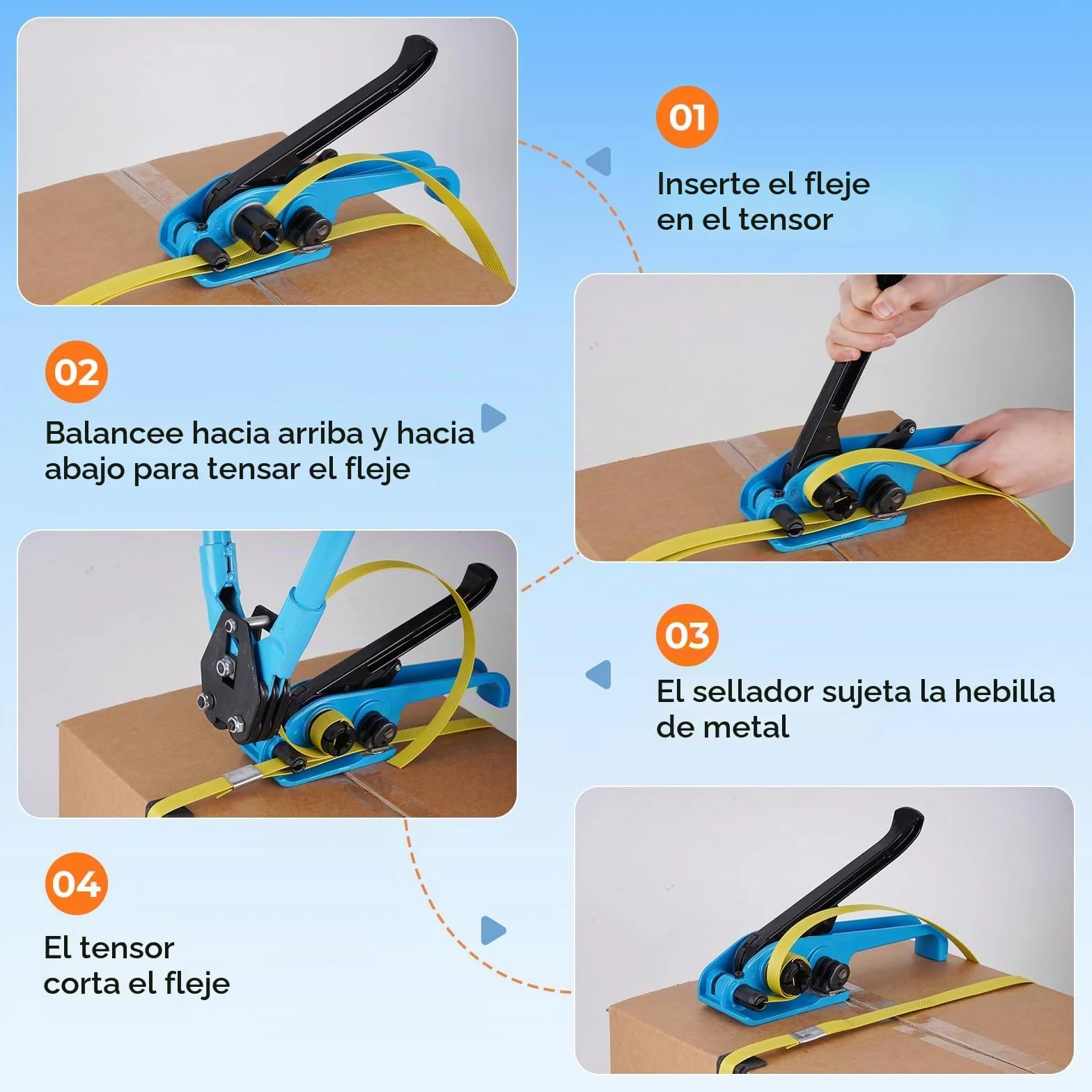 BAOSHISHAN Kit de flejado con 200M de fleje PP(Polipropileno) Herramienta de flejado manual para fleje PET/PP de 13-19mm de ancho y 0,6-1mm de grosor