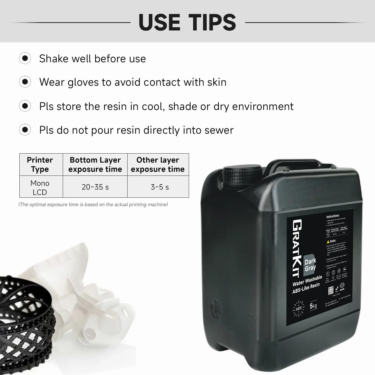 GratKit Water Washable ABS-Like Resin for 405nm 3D Printers,5kg Dark Gray | Easy to wash,high precision,high toughness,rapid uv-curing photopolymer resin for most LCD/DLP 3D printing,low odor,1kg