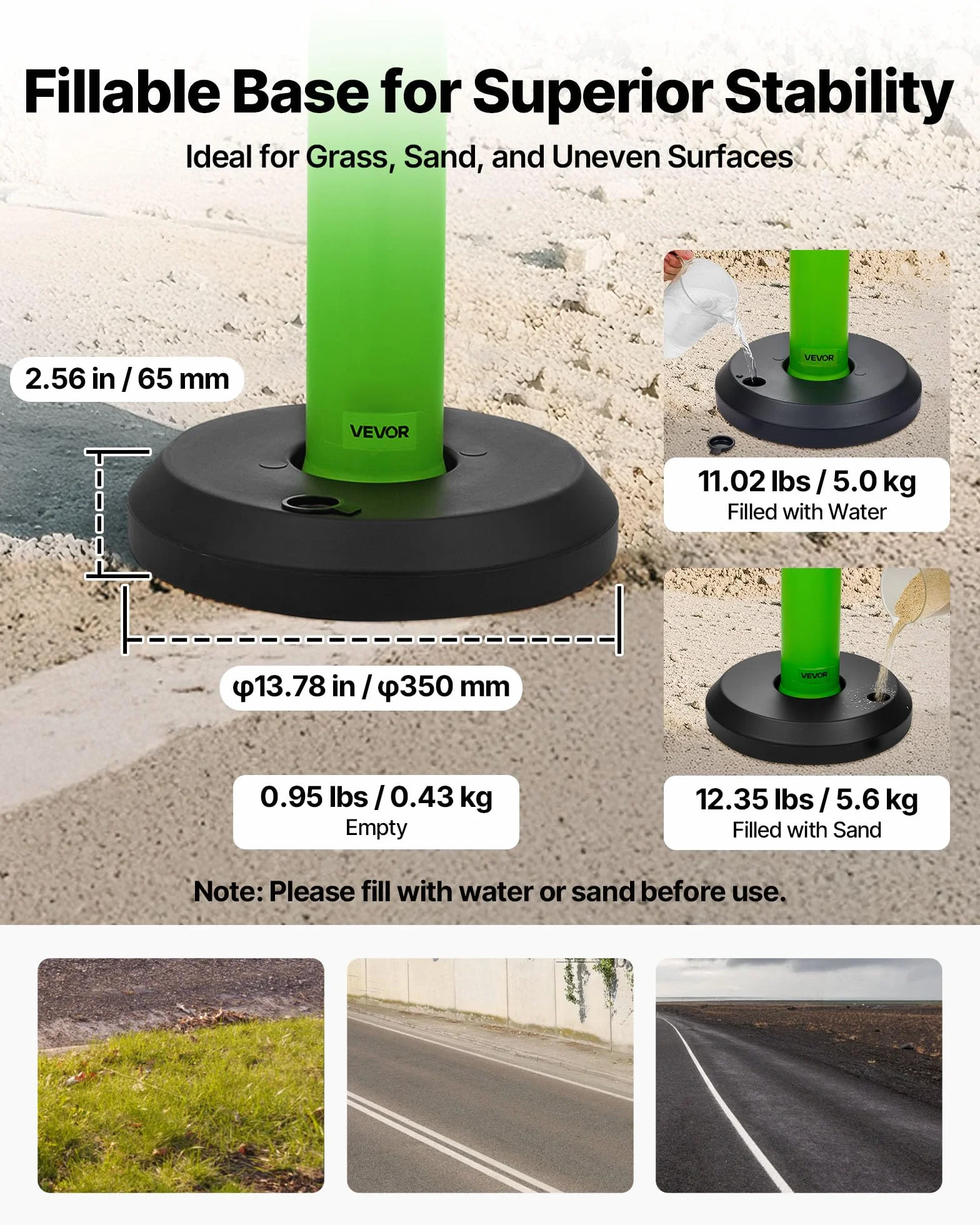 VEVOR Postes de Tráfico 3 Piezas Bolardo 1140 mm Base Rellenable Banda Reflectante Verde