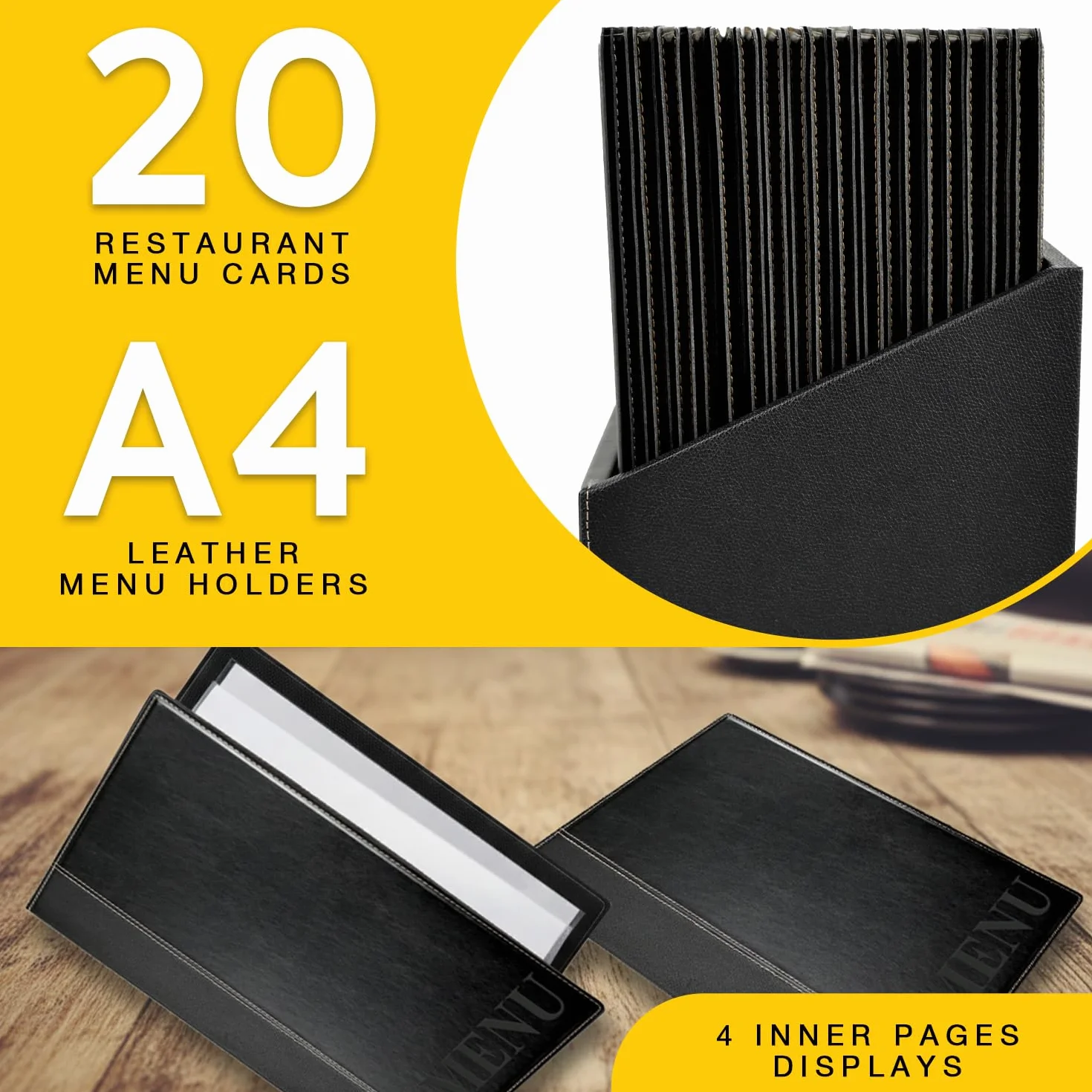 SECURIT - Set de 20 Portamenús Trendy Line con Caja de Exhibición - 1 Inserto Fijo Doble Cara = 4 Páginas A4 - Posibilidad de Añadir Insertos - Café, Bar, Restaurante - Imitación Cuero PU - Negro