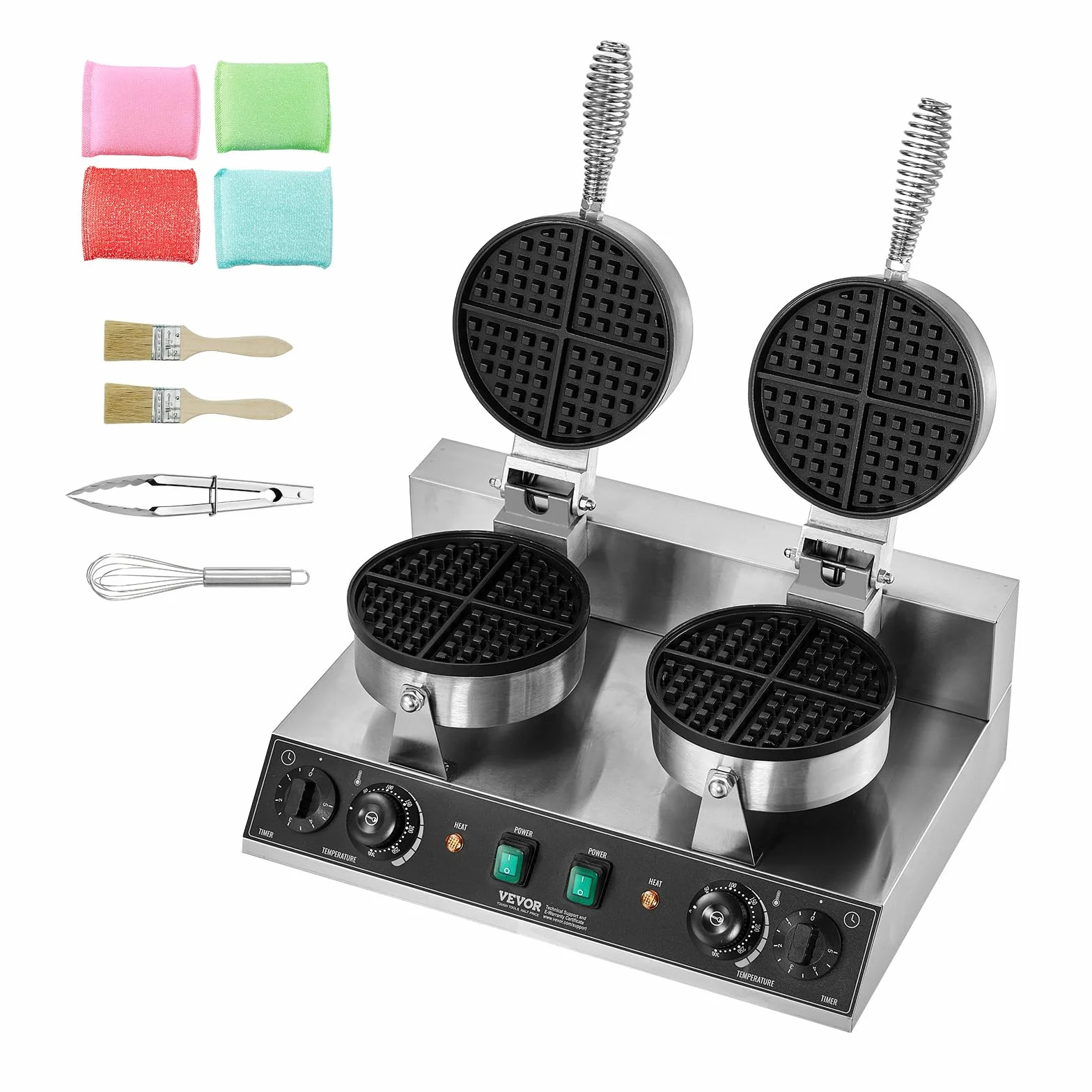 VEVOR Máquina para Hacer Gofres Comerciales, Doble Cabezal, Acero Inoxidable Antiadherente de 2460 W con Control de Temperatura y Tiempo, Asa, para Restaurantes, Familias y Bares, 500 x 470 x 260 mm