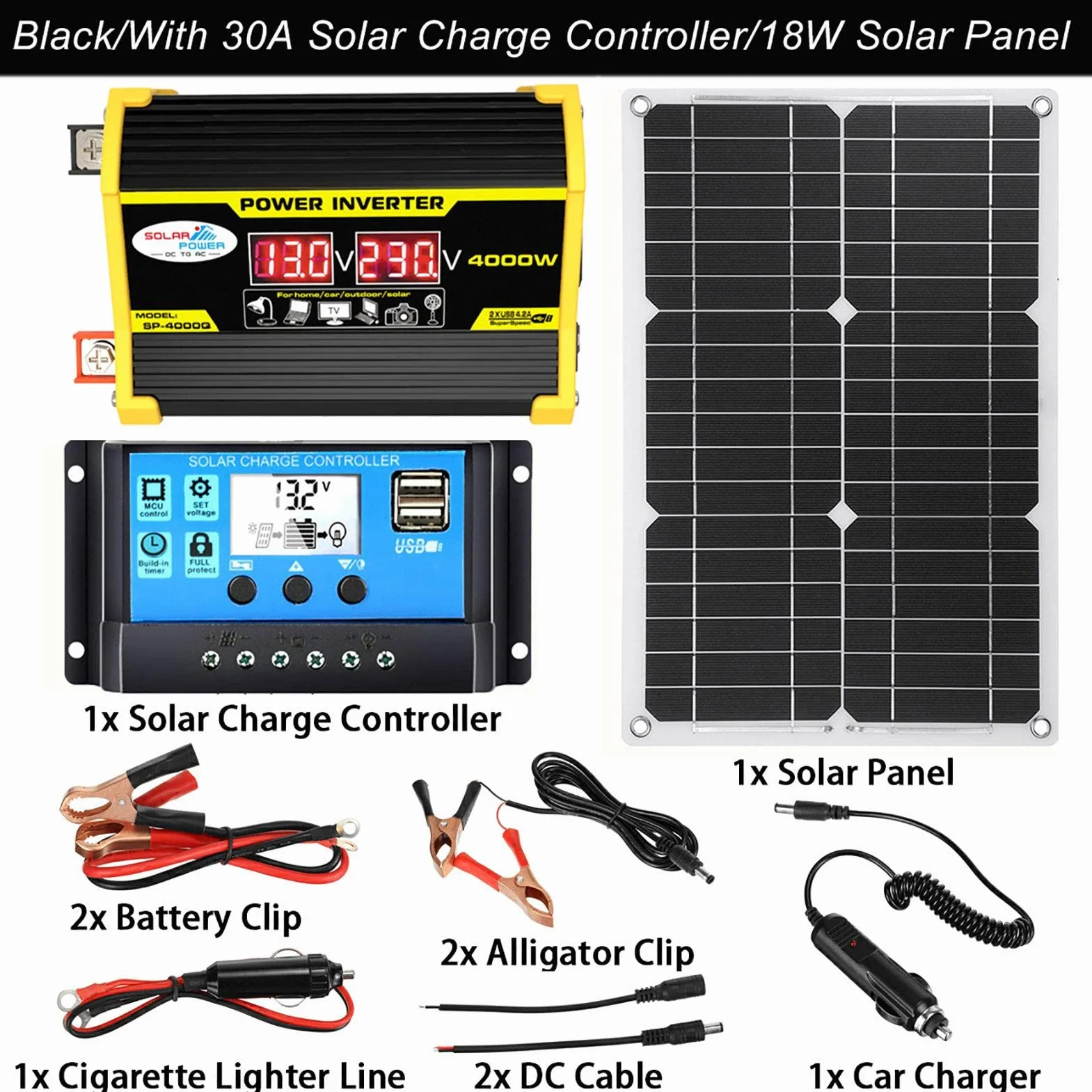 Kit de panel solar portátil, sistema de energía solar, inversor de 4000 W con 2 puertos USB, control de carga solar 30 A, indicador de pantalla LED, carga rápida para fuente de alimentación de