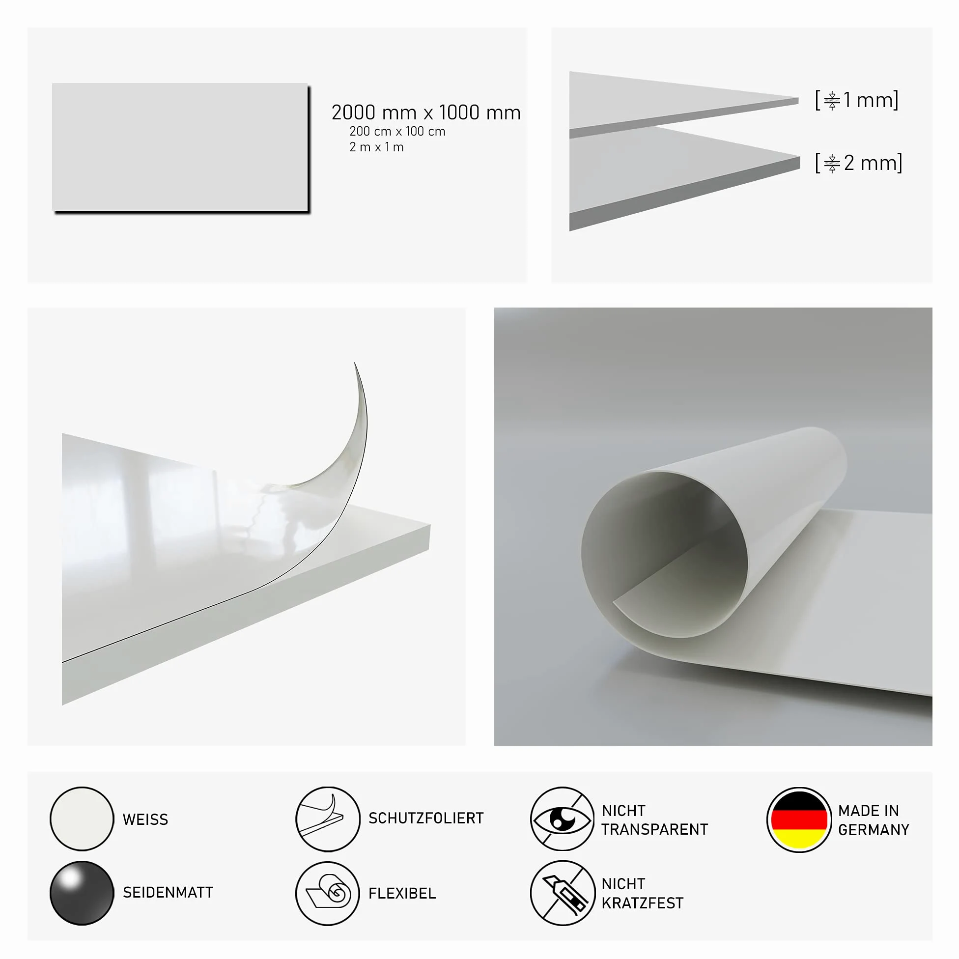 Placa de PVC 2000x1000 mm - 1 unidad - Placa de PVC mate sedoso, superficie lisa sin poros - Placa de plástico 1mm blanco (RAL 9016) - ligeramente flexible - (1 unidad - 200x100cm, 1mm blanco)