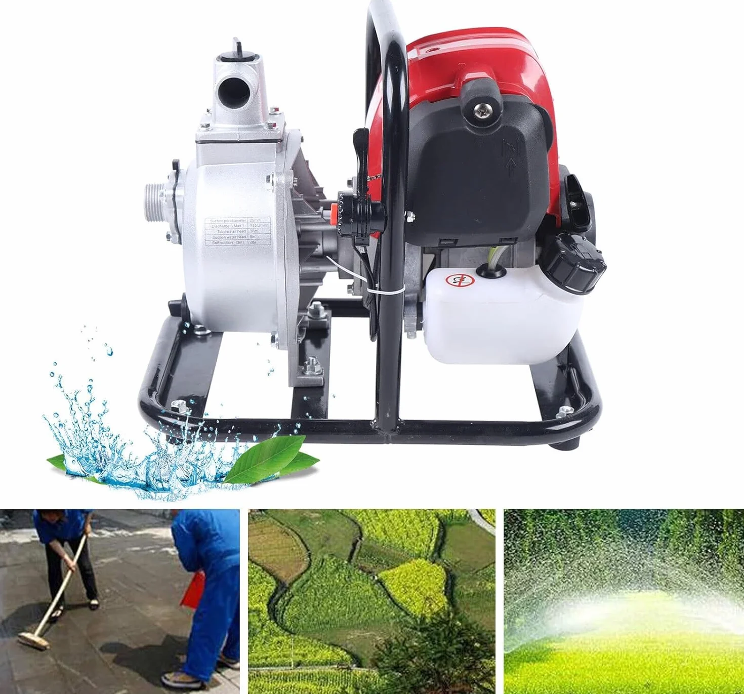 Gasolina Bomba de agua 1.2kw 4 tiempos, 1'' alta presión gasolina bomba de agua portátil riego jardín bomba
