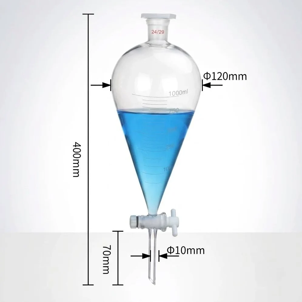 Embudo Decantación Vidrio Borosilicato Llave PTFE Matraz Graduado-1000mL 24/29