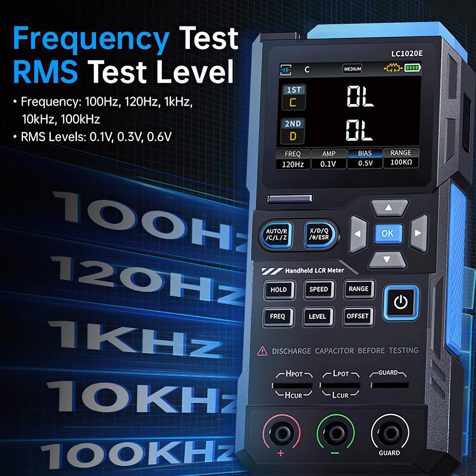LC1020E Medidor LCR, 100kHz Digital Meter LCR ESR Medidor para medición de inductancia de capacidad de resistencia, 19999 Cuentas, Mide ESR/Q/D/θ/X, calibración apertura cortocircuito, Pantalla dual