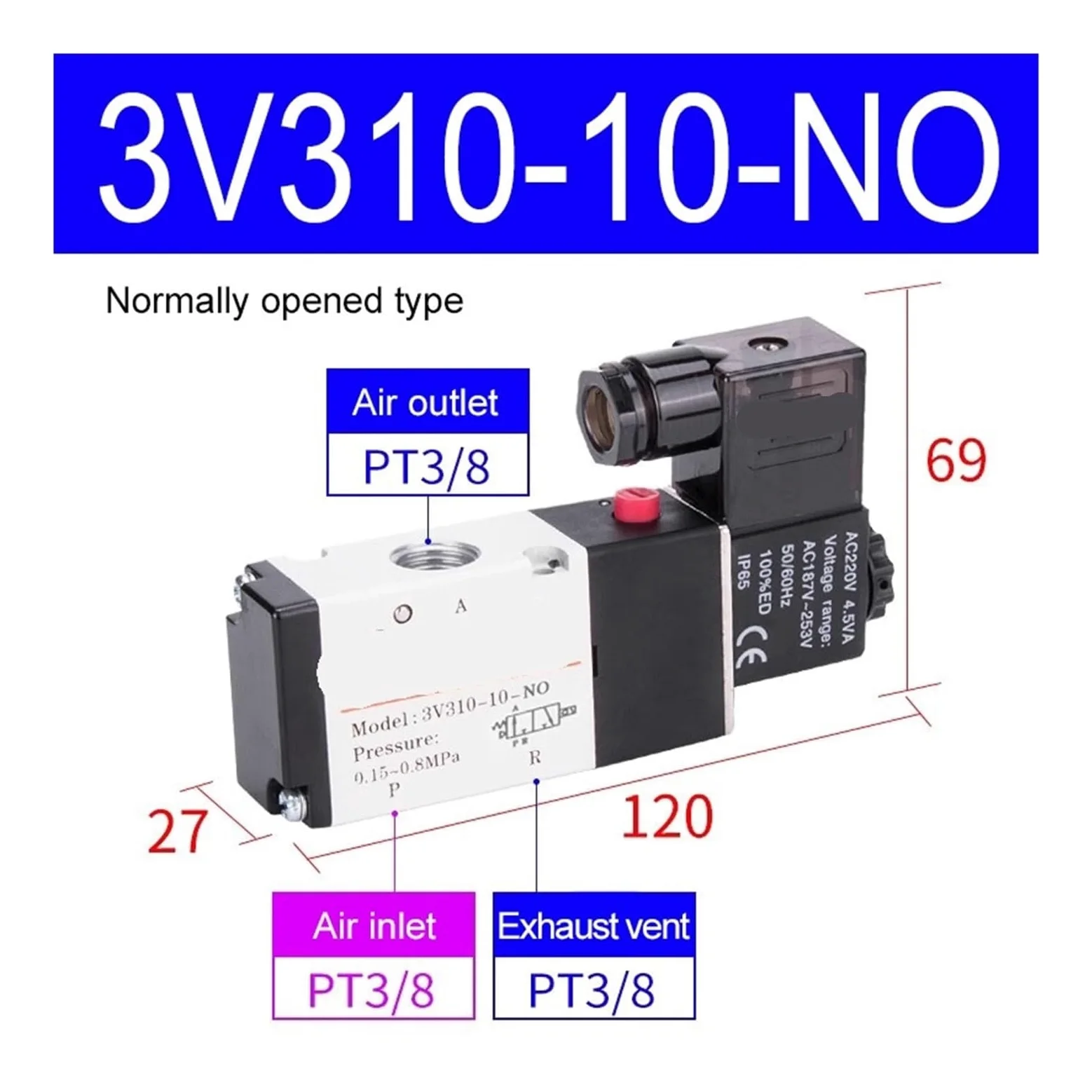 Electroválvula neumática de 3/2 vías 3V110-06, 3V210-08 y 3V310-10, válvula direccional de Control de Aire, 12, 24, 110 y 220 V(3V310-10-NO,AC 24V)