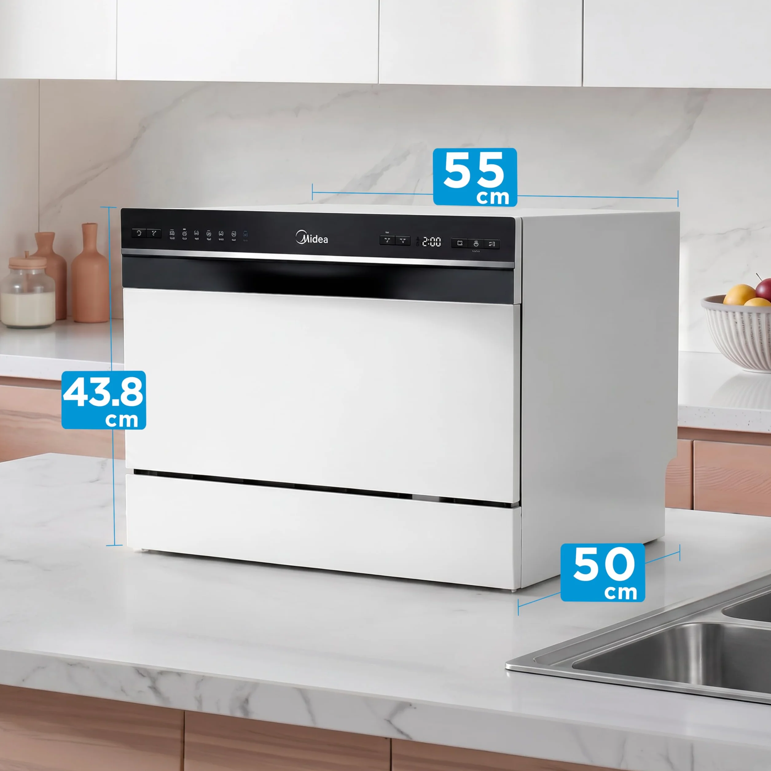 Midea Lavavajillas Pequeño Blanco 55cm 6 Servicios Compacto Portátil sin Instalación App Control 6 Programas ECO Filtro Antibacterias Secado 49dB