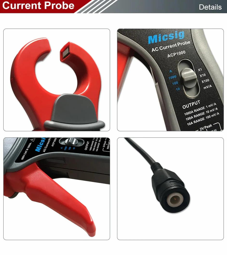 Micsig Sonda de osciloscopio Sonda de corriente CA ACP1000 RCP500 100/300KHz AC 1000/500A Instrumento de medición de corriente Sonda de detección de datos Anto(ACP1000)