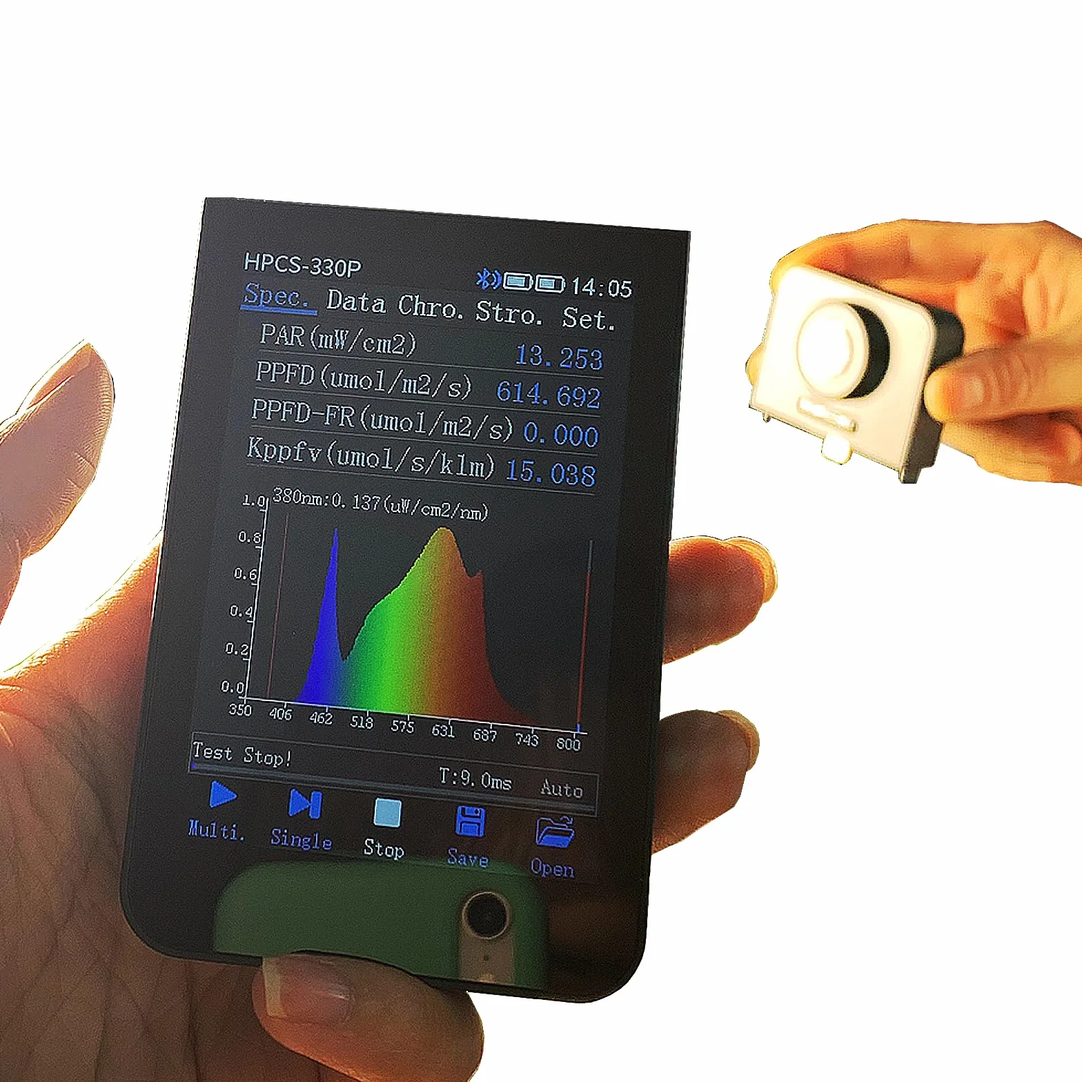 Medidor de luz PAR PPFD de 350-800nm HPCS330P, medidor de espectro de luz, medidor de CCT, espectrómetro CRI, prueba de parpadeo Hopoocolor para luz LED