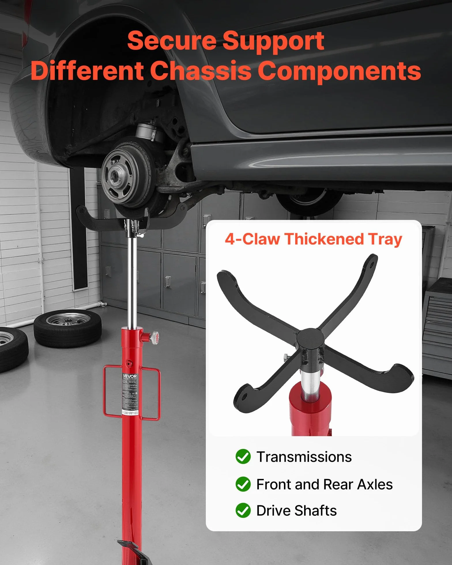 VEVOR Gato Hidráulico para Coche, con Capacidad de Elevación 500 kg, con Pedal, Rueda Giratoria 360°, Altura de Elevación 112-187 cm, para Taller/Garaje, Rojo y Negro, 640 x 575 x 1140–1890 mm