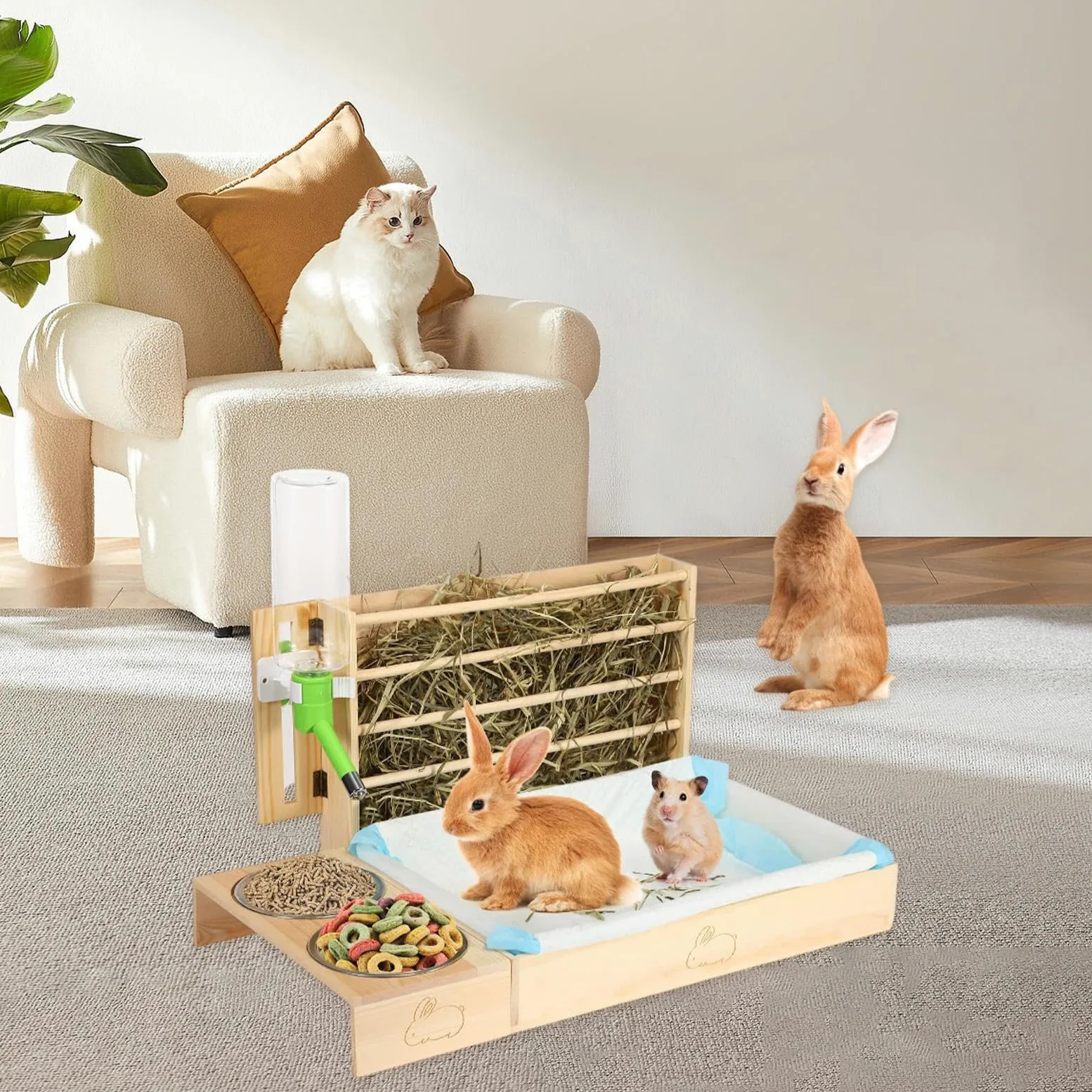 Comedero de con Arenero, Comedero de de Madera con 2 Y para Cobayas, Chinchillas Y Conejos.
