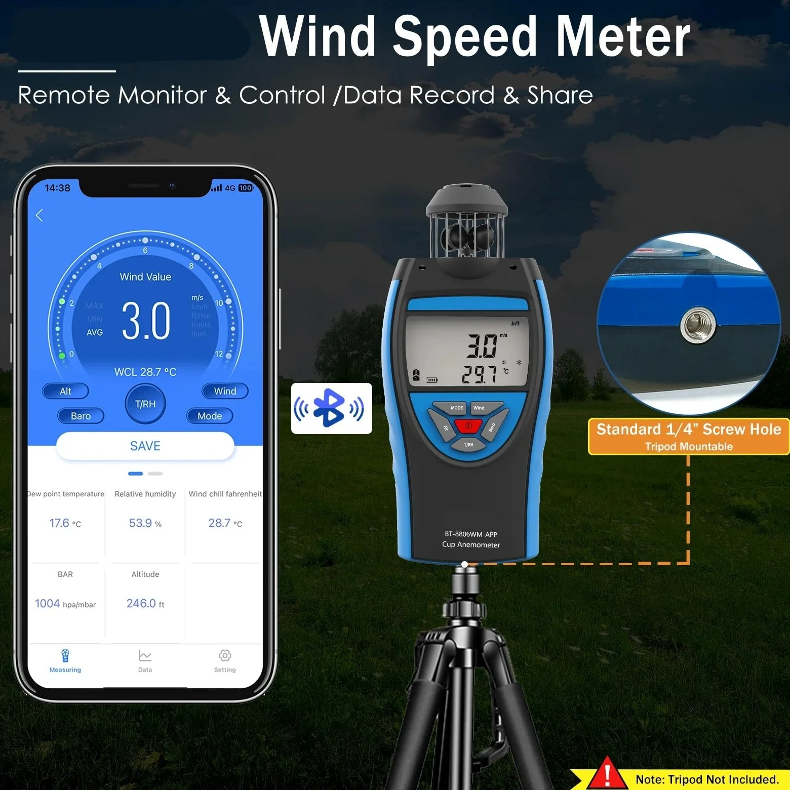 Anemómetro, Anemómetro digital de 0,3 a 42 m/s, velocidad del viento, volumen aire promedio HVAC, altitud en CFM, presión barométrica