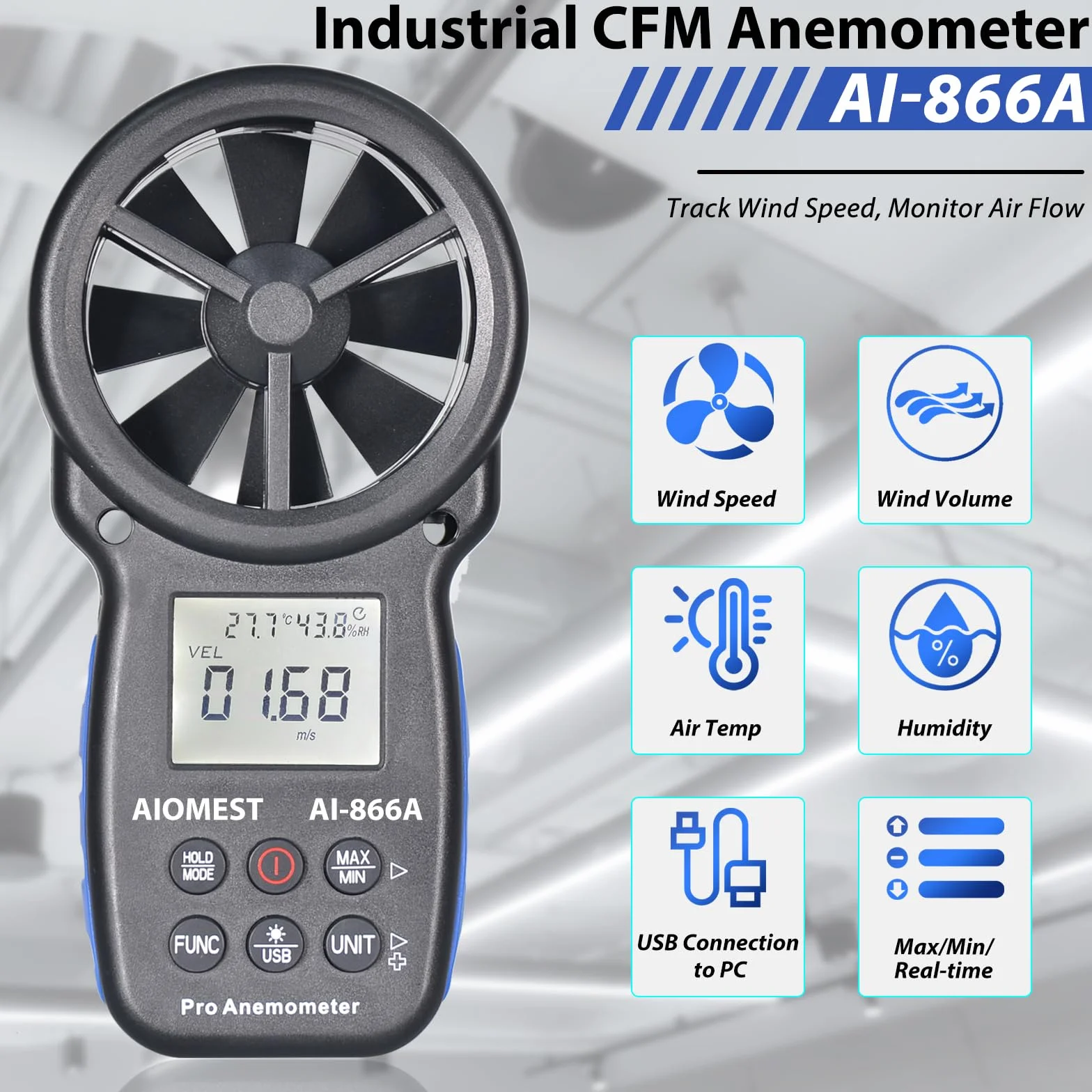 AIOMEST Anemómetro HVAC CFM Medidor de Flujo de Aire Portátil Velocidad del Viento