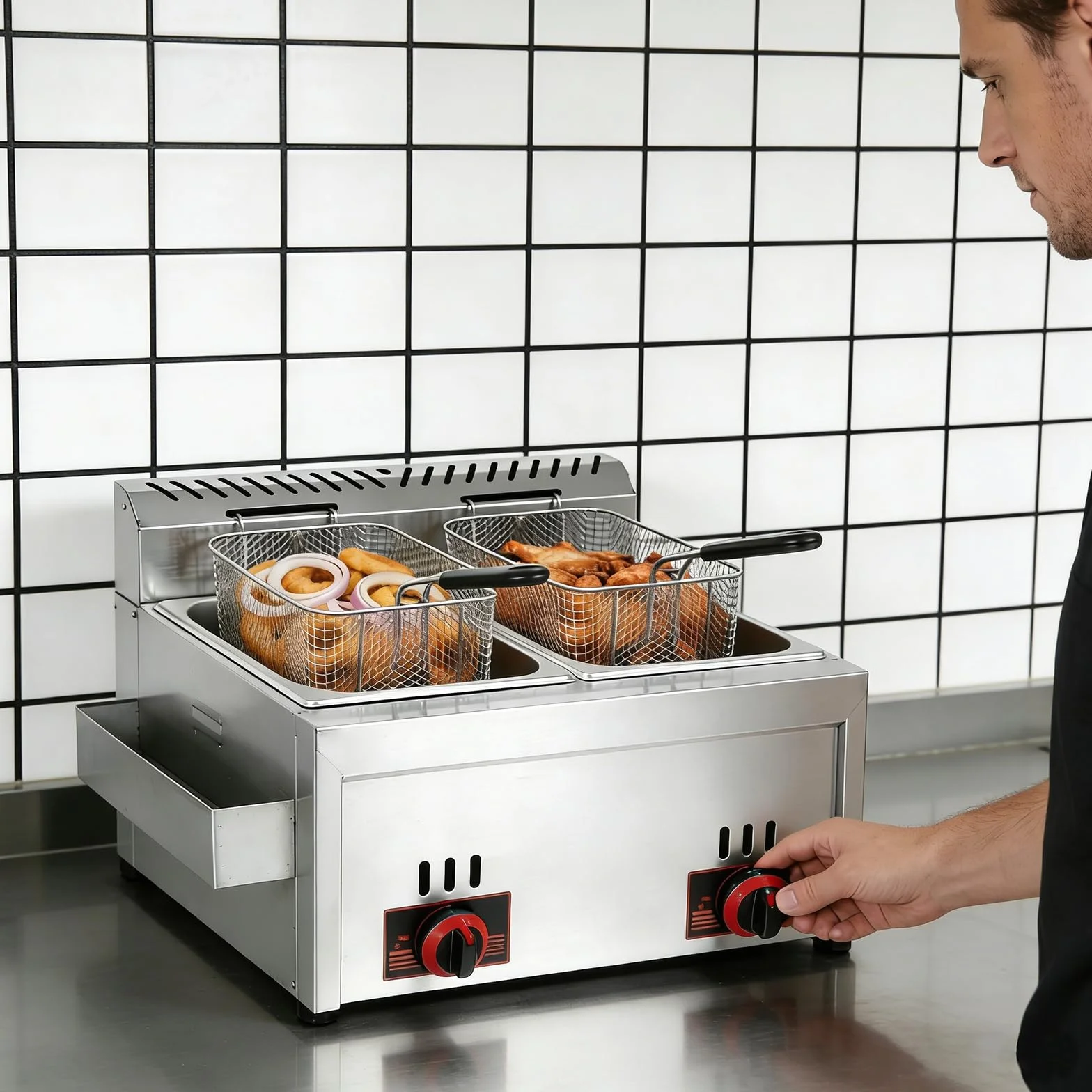 Freidora de Gas Comercial, Freidora Doble de Gas 6L+6L con 2 Cestas y 2 Tapas, Temperatura Ajustable, Calentamiento Rápido para Uso Comercial y Doméstico, Restaurantes y Bares de Aperitivos