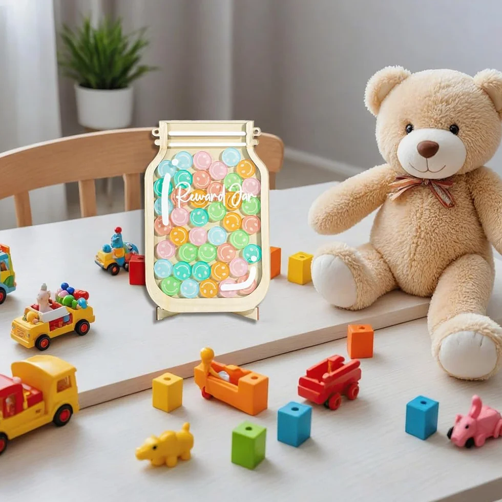 Tarro de recompensa cara sonriente con cuerda y soporte para colgar, tabla de comportamiento infantil