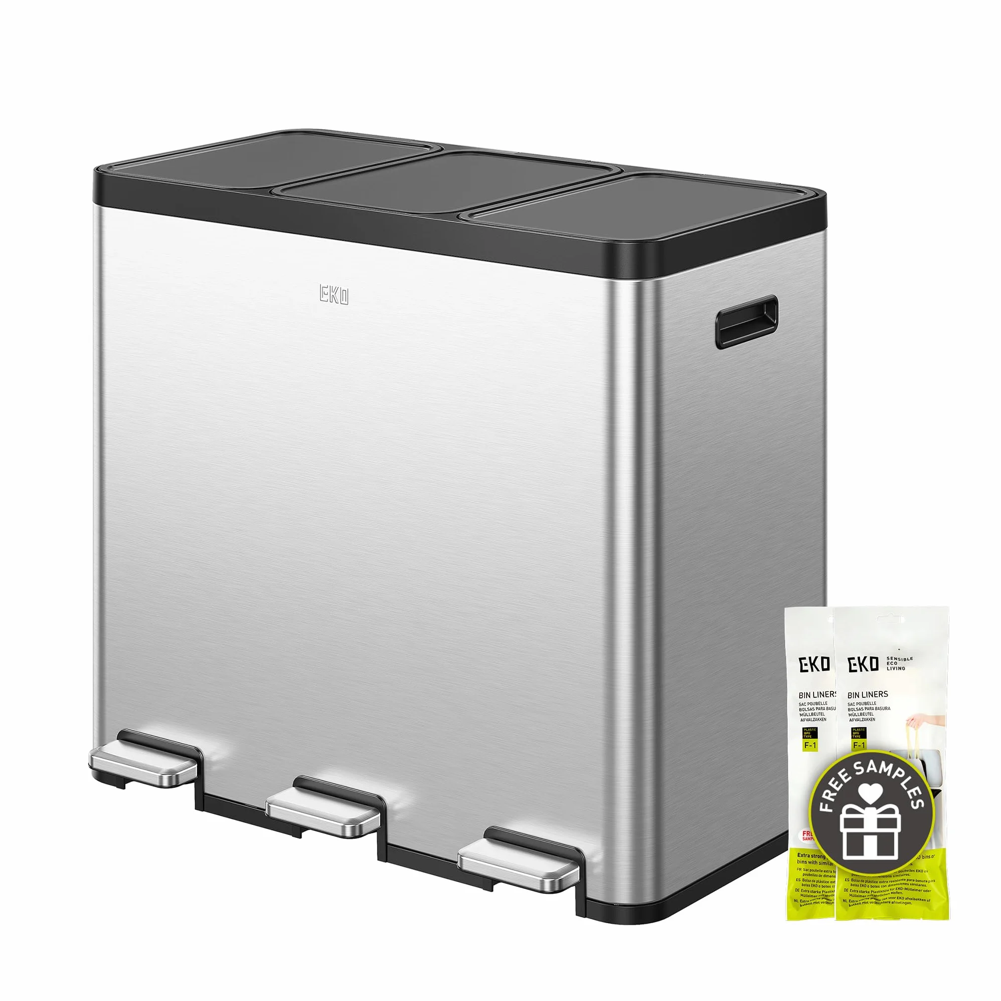 EKO Cubo de basura Essential con 3 compartimentos, 3 x 20 litros, sistema de separación de basura, incluye 20 bolsas de basura, cubo de basura grande con tapa, cierre suave y hermético, acero