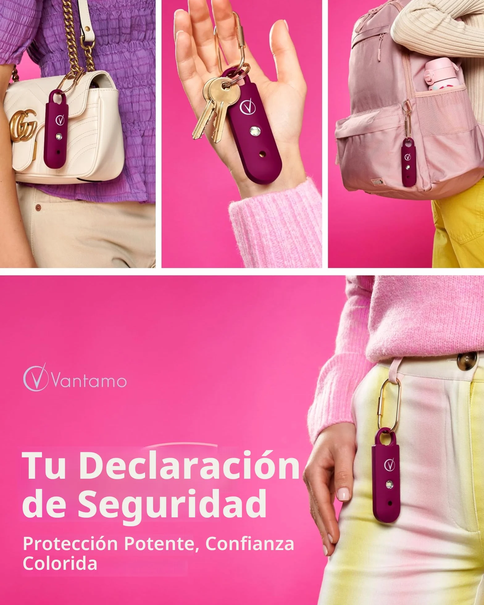 Vantamo Alarma Personal 130dB Doble Altavoz Luz Estroboscópica Indicador Batería Baja Llavero Autodefensa Compacto