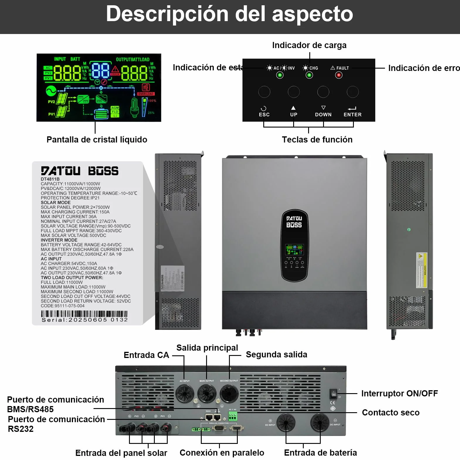 DATOUBOSS 11KW Inversor Solar Híbrido 48v, Inversor Hibrido de Conexión a Red Solar, Admite Funcionamiento en Paralelo y Funcionamiento Sin Batería con Controlador de Carga Solar MPPT de 150A