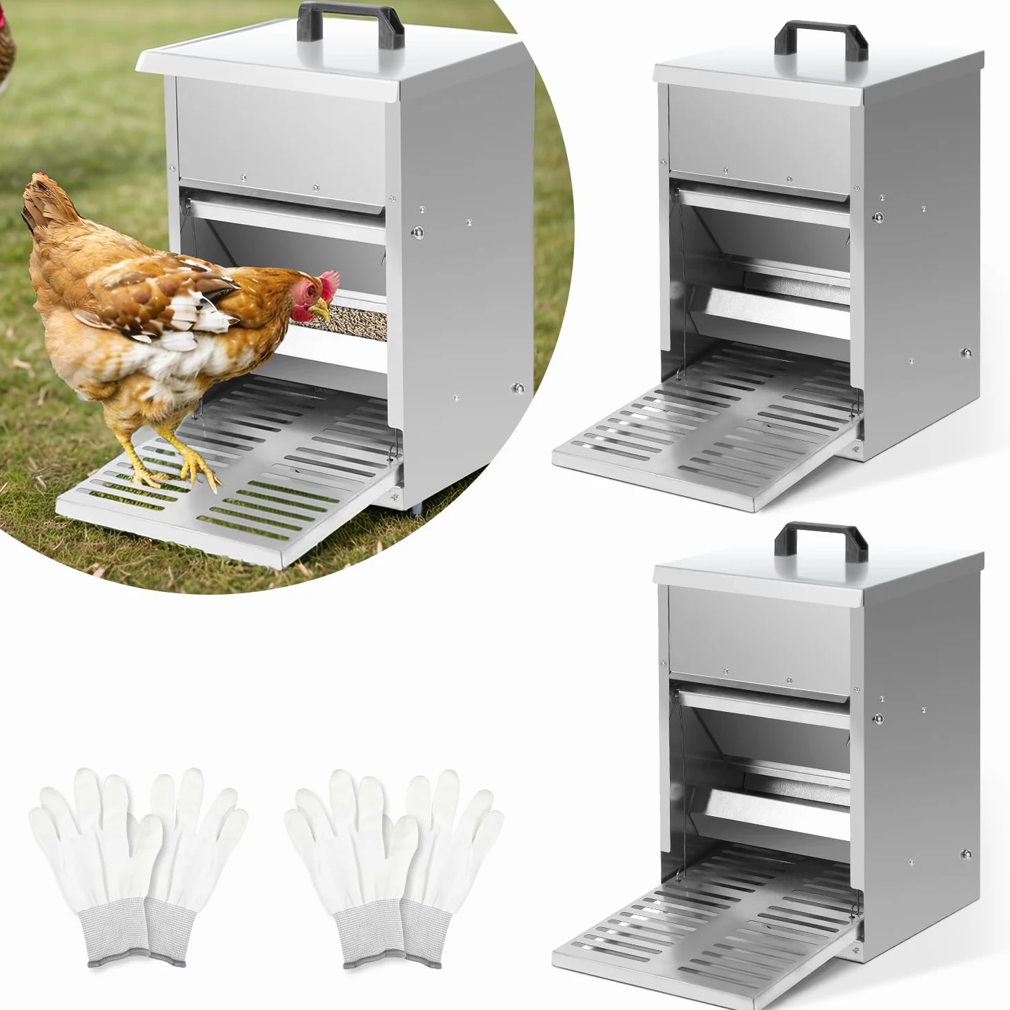 Comedero automático para gallinas, 5 kg, con pedal automático, alimento para pollos para aves de corral, accesorio ideal para pollos, resistente al agua y a prueba de ratas, galvanizado