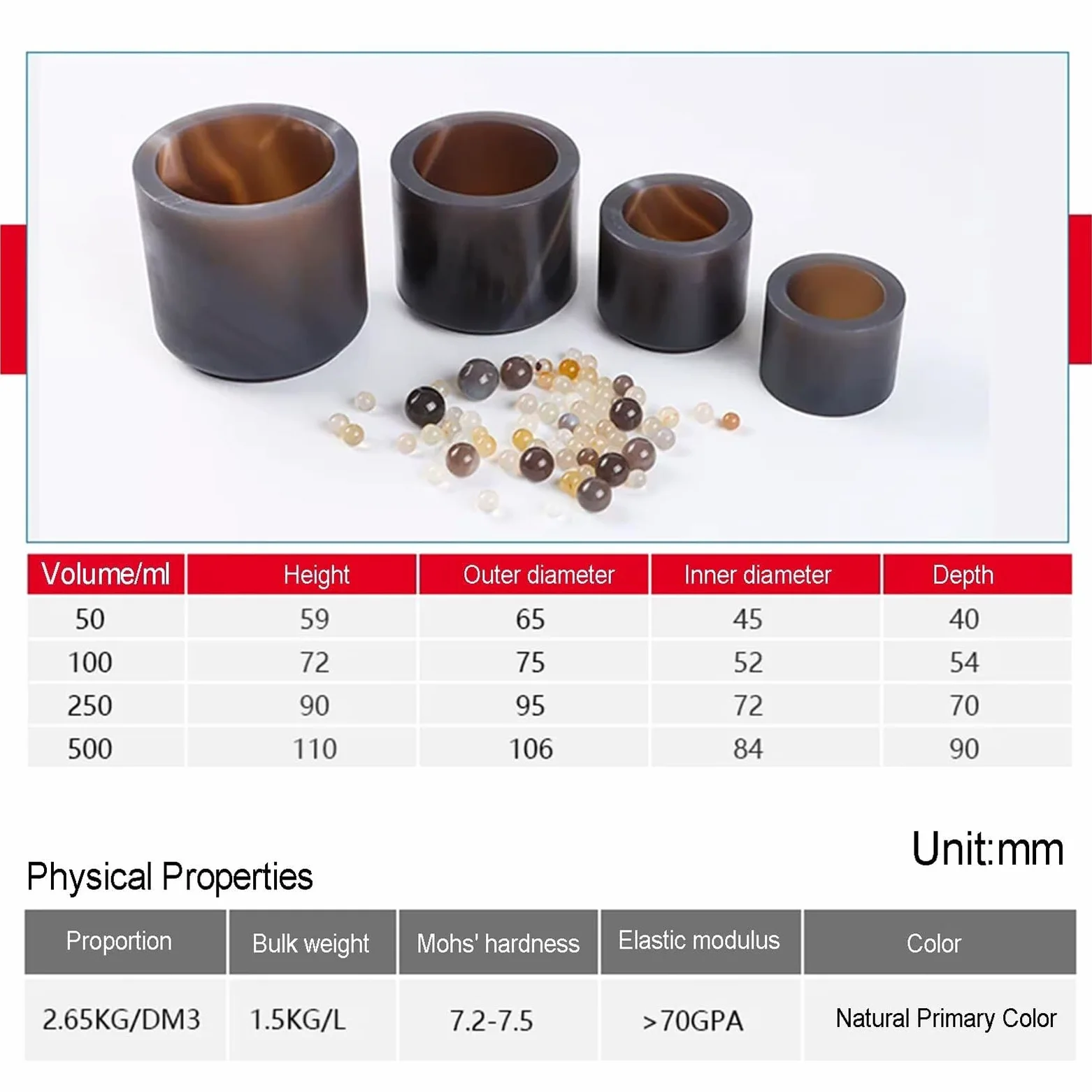 Tanque de molienda de ágata Natural, Herramienta de molienda de mortero Compatible con Molino de Bolas planetario, dureza 7.2-7.5, sin impurezas, Molinillo de ágata Duradero (50ml)