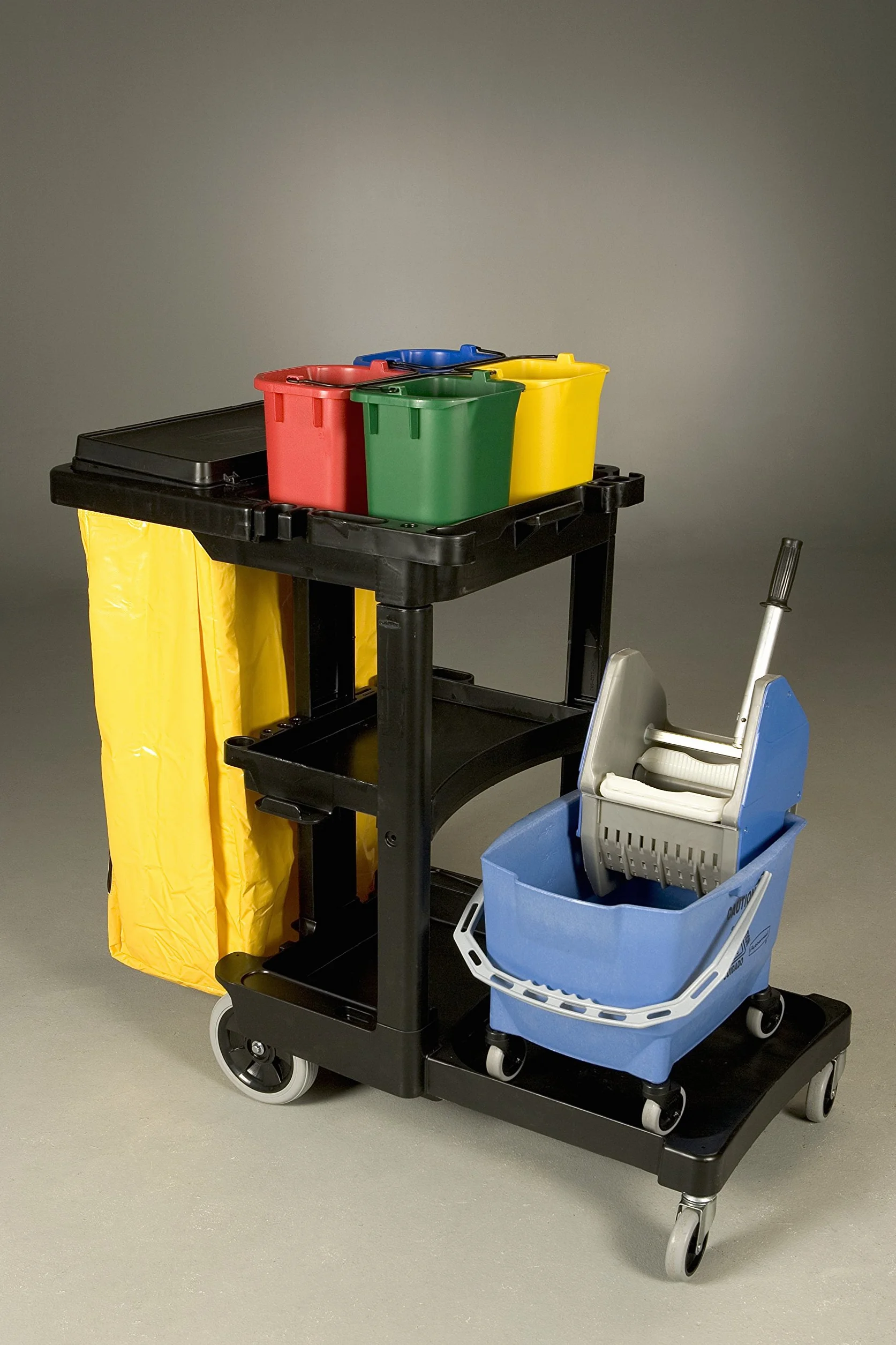 Rubbermaid Commercial Products 1805985 Carro de Limpieza con Bolsa de Vinilo, 2 Ruedas Fijas, 2 Ruedas Giratorias, Negro, 97.5 cm x 116.8 cm x 55.2 cm