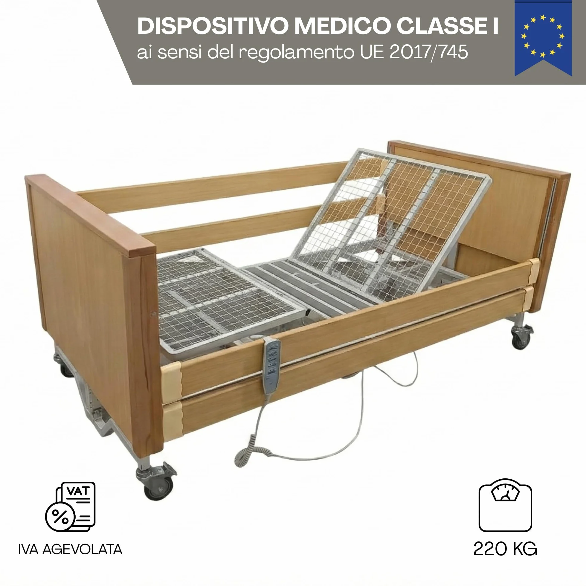Cama de hospital eléctrica con 5 funciones, de roble y acero, 4 motores, 5 funciones con laterales – Incluye colchón ortopédico, movimiento Trendelenburg/Anti-Trendelenburg – Degencia y ancianos, DM
