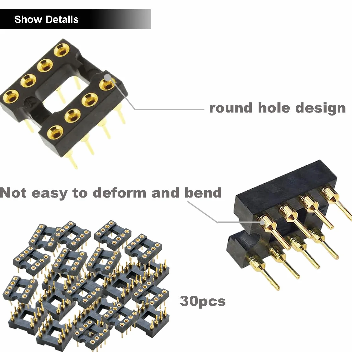 30 pzas DIP-8 IC Sockets Ronda Zócalo IC 8 pines paso 2,54 mm Adaptador Tipo de soldadura chapado en oro no es fácil de romper,con alambre de estaño Pen