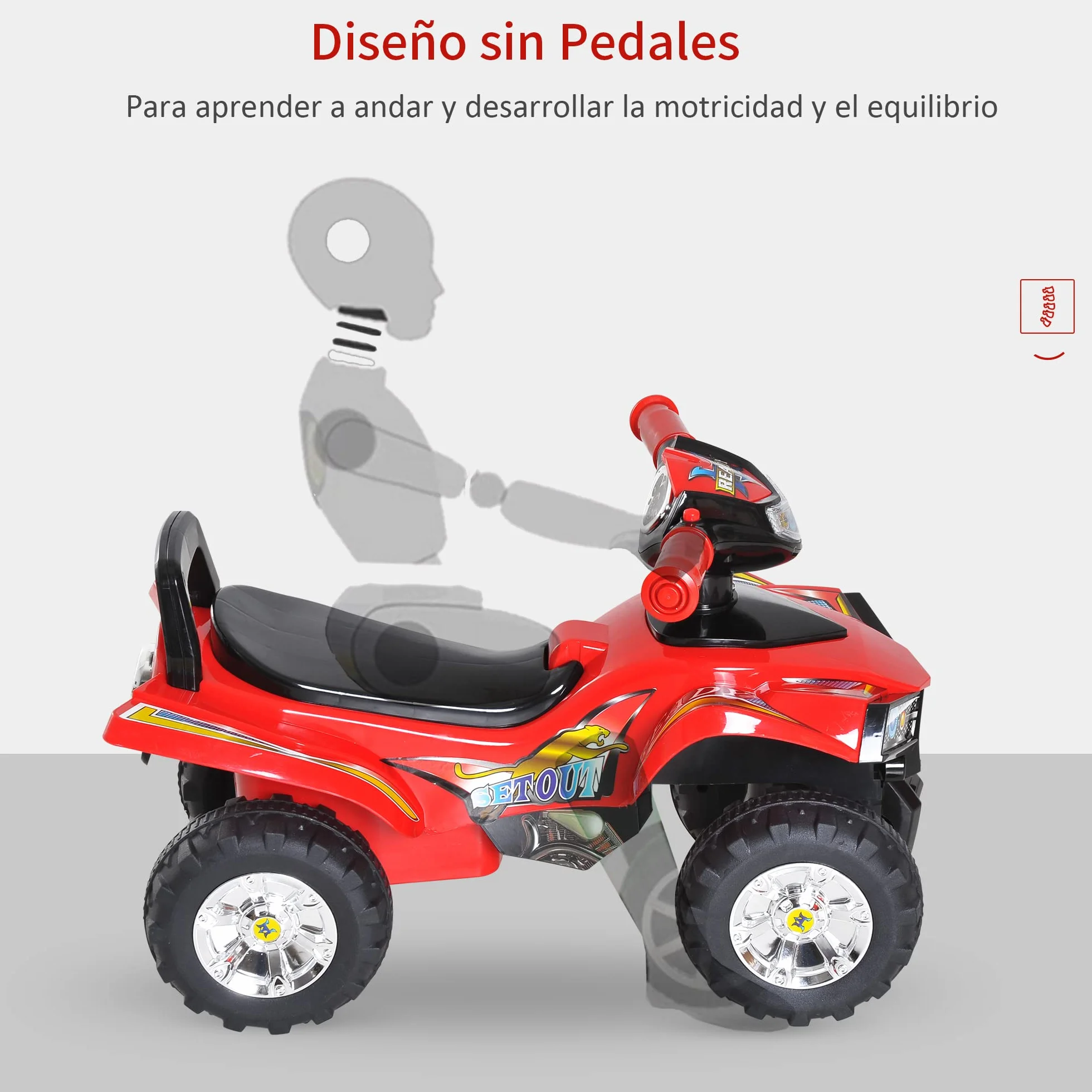 HOMCOM Quad Correpasillos Infantil Coche sin Pedales para Bebé Juguete Andador Estilo Carrera con Bocina Música Luces 60x38x42cm