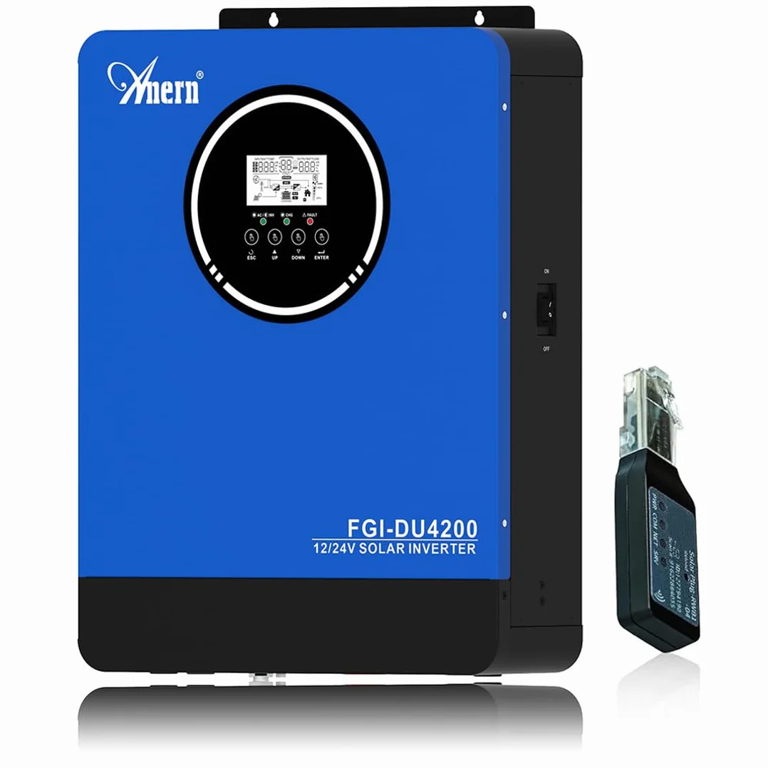 Anern Inversor Híbrido Solar 2KW 4KW CC 12V/24V a CA 220V/230V Inversor Doble Voltaje,Integrado Controlador De Carga Solar MPPT 100A,Interfaz BMS y Comunicación de Batería,PV 55V-500VCC