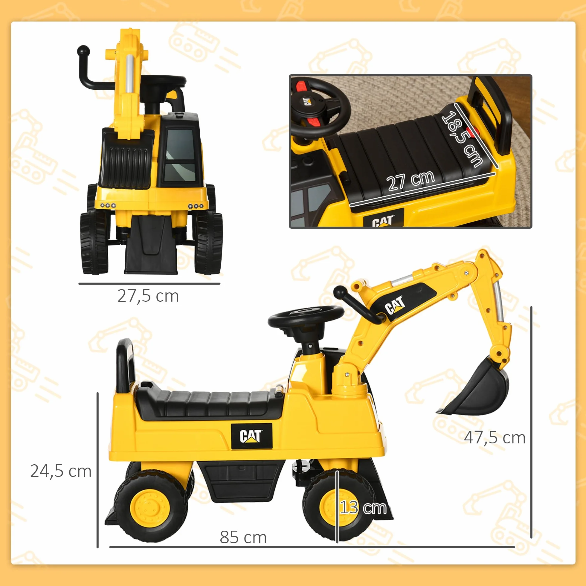 Caterpillar HOMCOM Excavadora Correpasillos para Niños 12-36 Meses 25 kg 85x27,5x47,5 cm Amarillo