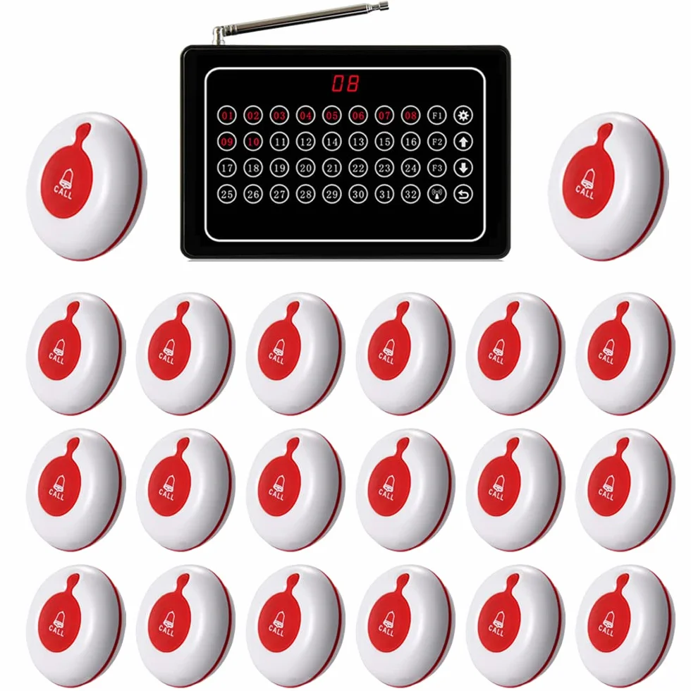 Sistema de Llamada Inalámbrico Cuidador Pager Enfermera Sistema de Alerta SOS Call Bell Botón de Alarma para Restaurante Hospital Clínica Cuidador Enfermera Con 1 Receptor 20 Botón de llamada a
