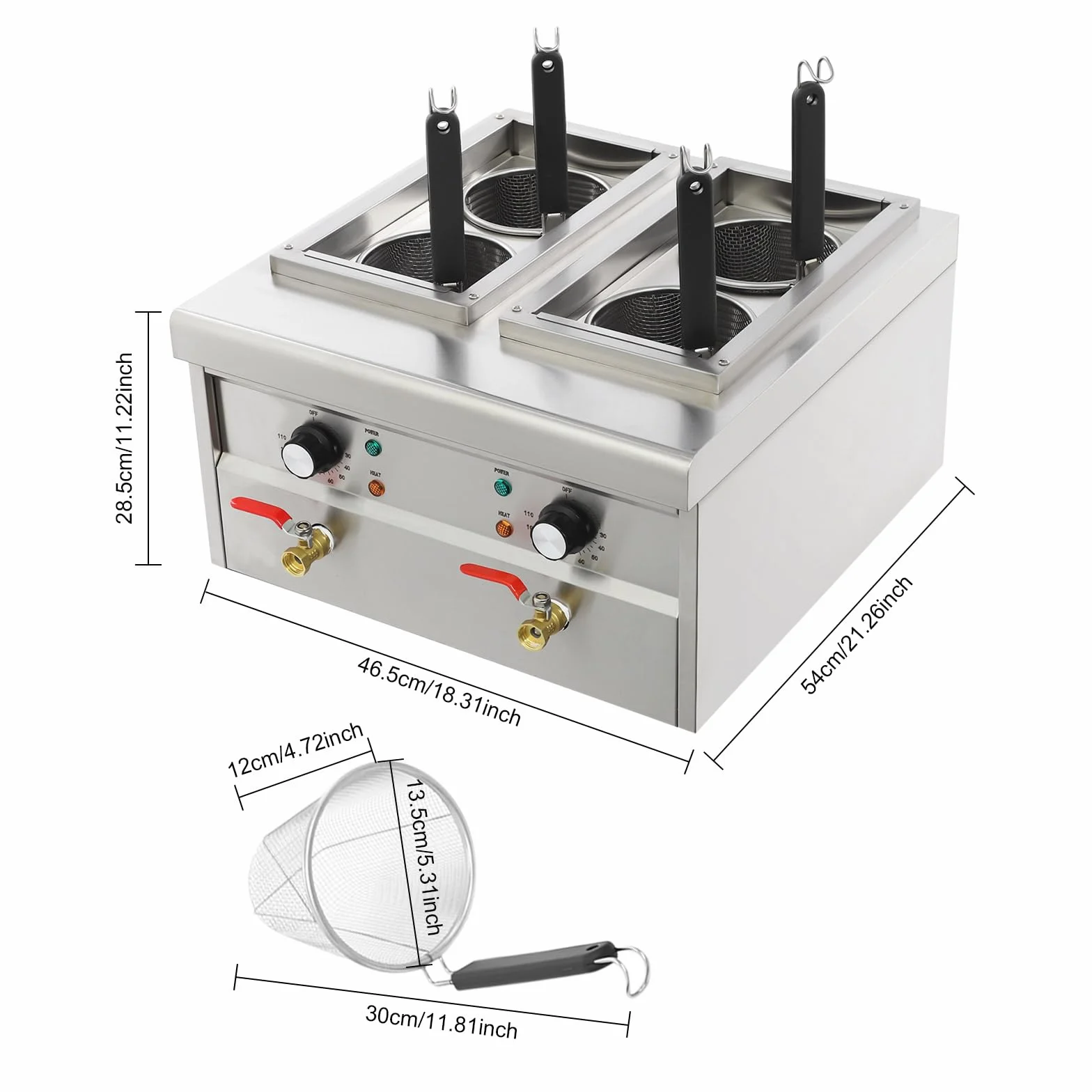 Cocedor de pasta eléctrico de acero inoxidable, 30 – 110 °C, con 4 cestas de colador y 2 tapas, para cocinas, restaurantes y restaurantes de pasta, 2 × 2 kW (plata)
