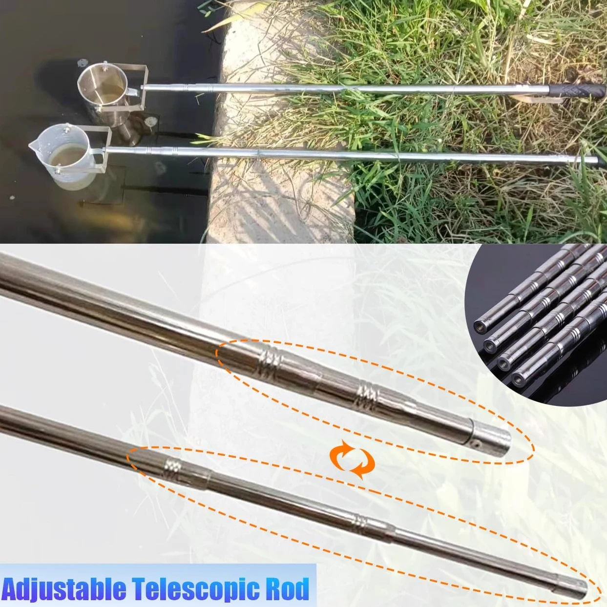 Juego de muestras de agua con poste telescópico, vaso de muestras de péndulo, doble escala, acero inoxidable 304 para estanques, lagos, ríos, pruebas de alcantarillado