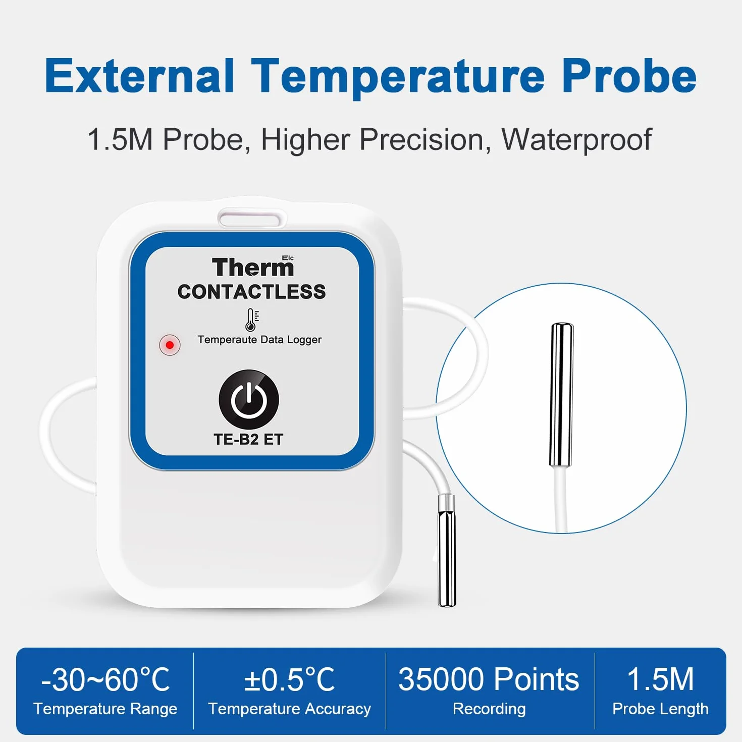 ThermElc TE-B2 ET Bluetooth Registrador de datos de temperatura inalámbrico con sonda externa, comparación de datos de múltiples dispositivos, Monitoreo del almacenamiento congelado