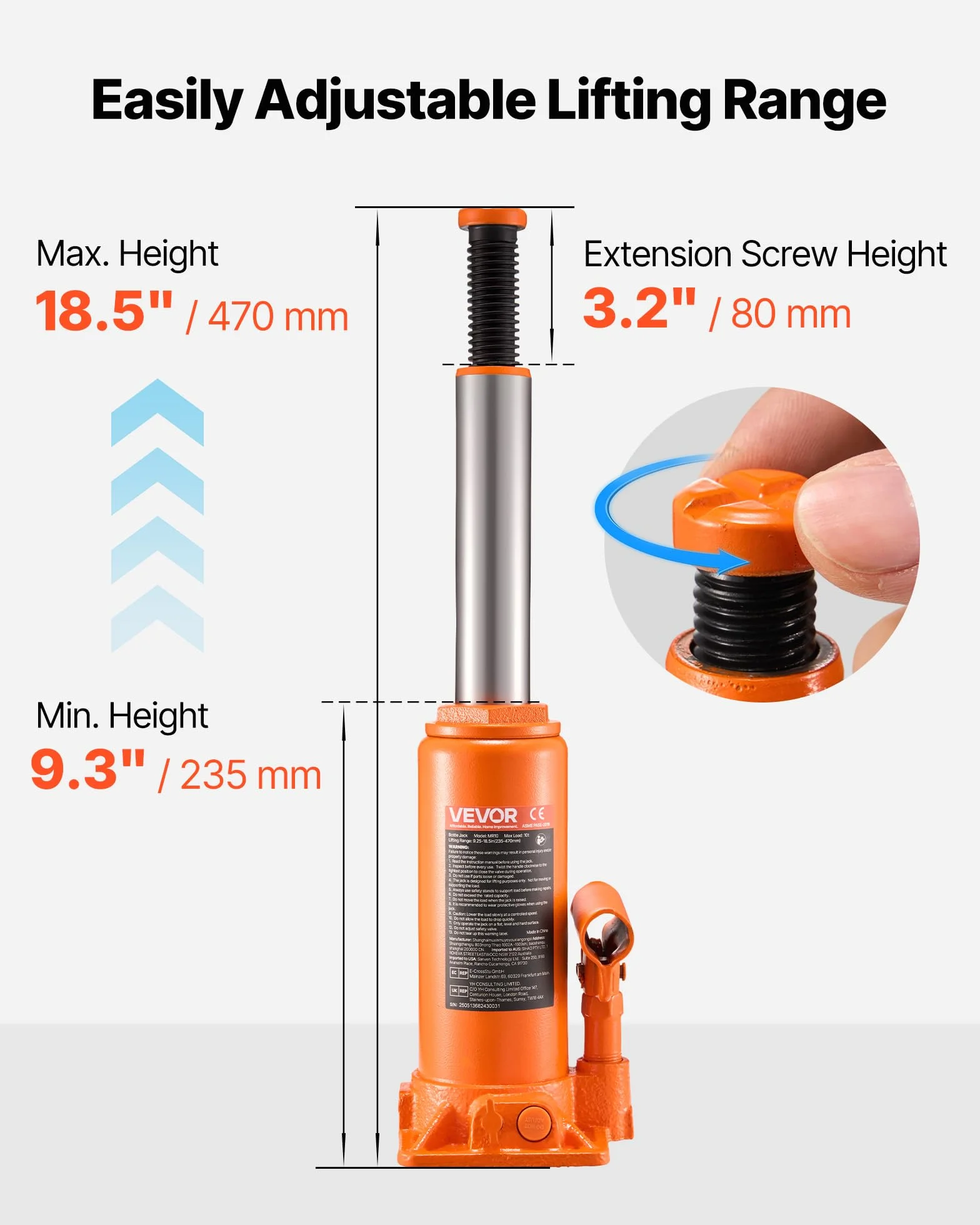 VEVOR Gato Hidráulico de Botella 10 T, Elevación 235-470 mm, Naranja